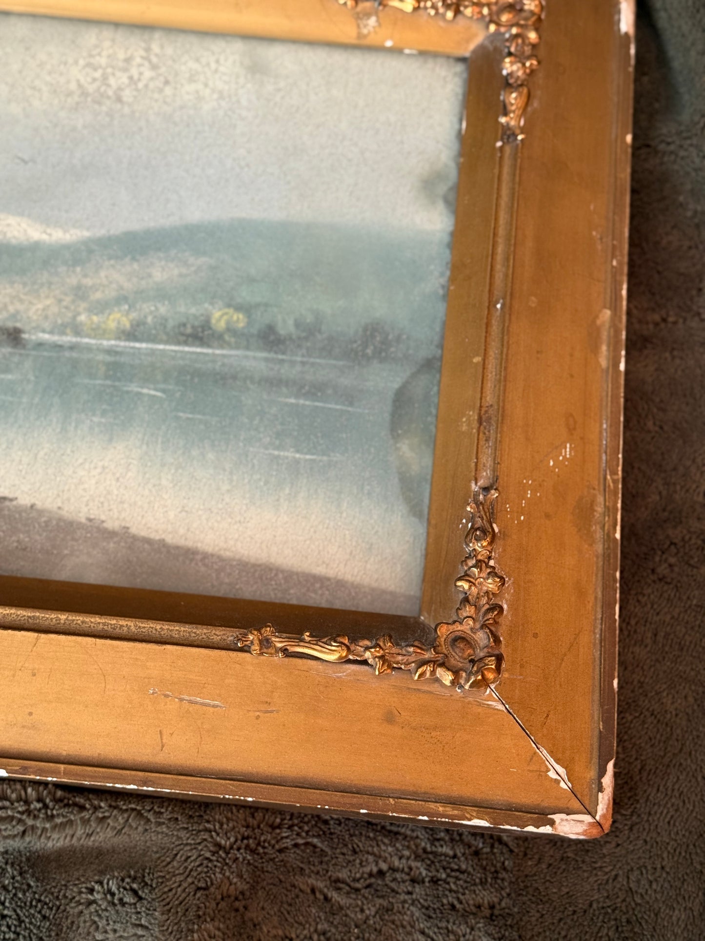 Antique Pastel Landscape with River and Trees in Original Gilt Frame