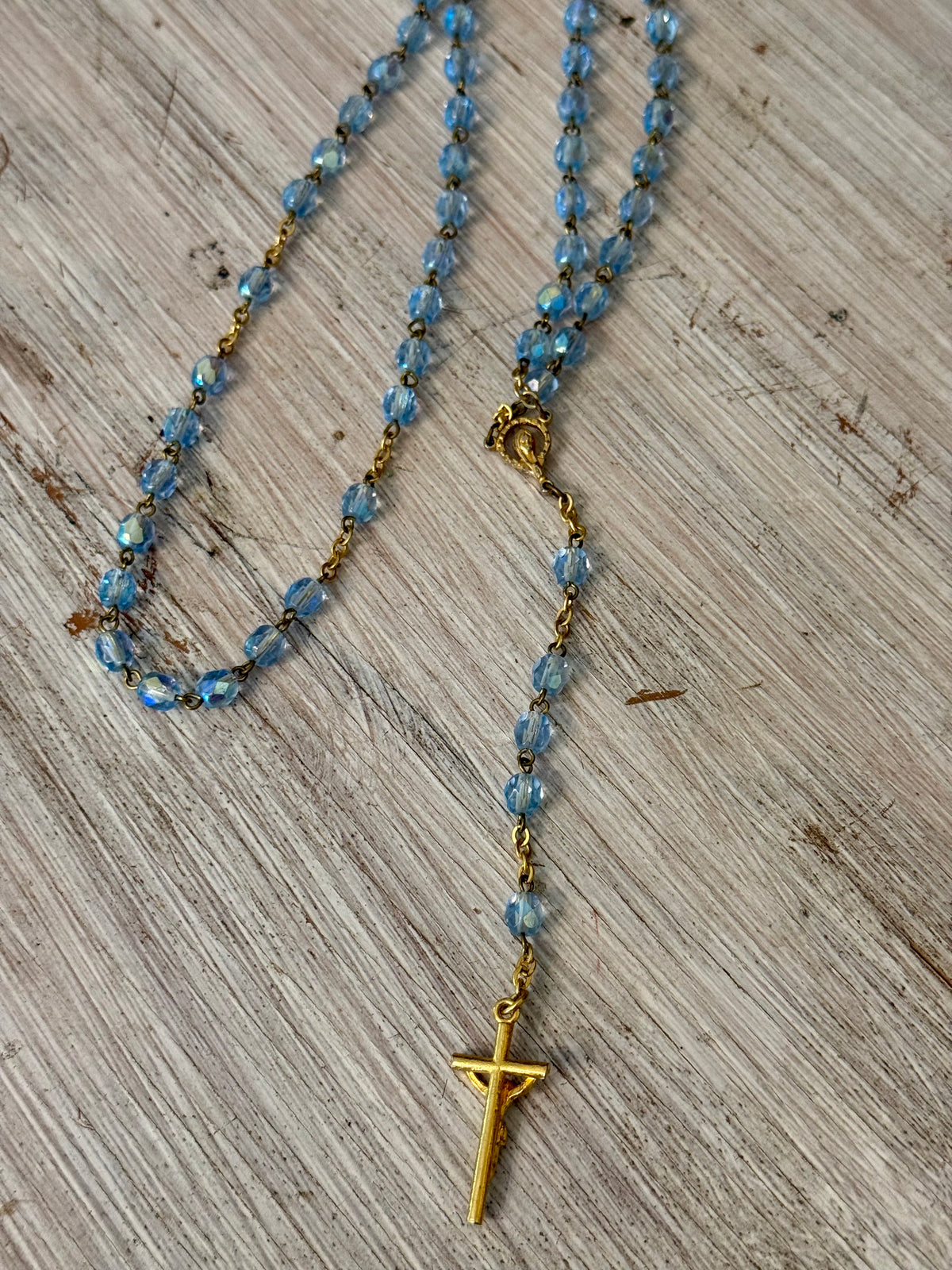 Vintage Aquamarine Blue Iridescent Glass Catholic Rosary