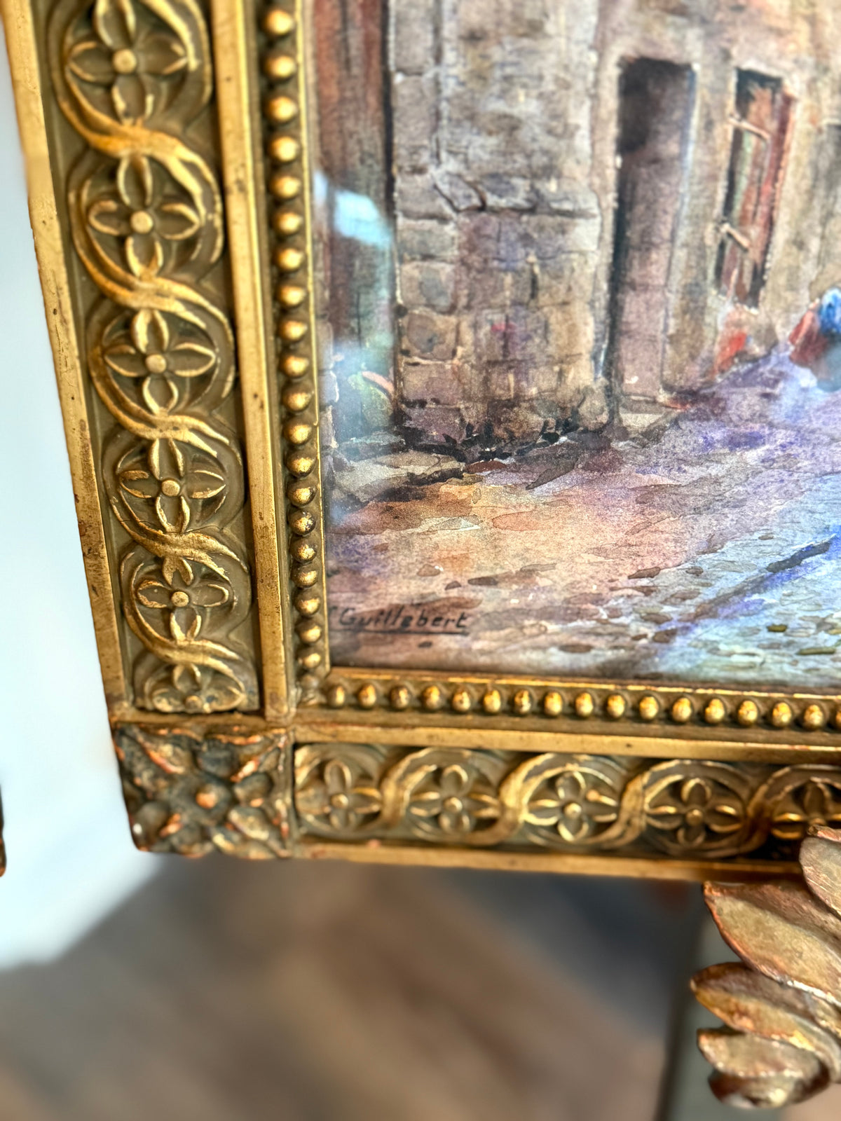 Pair of Signed French Village Street Scene Watercolors by M. Guillebert in Gothic Revival Frames