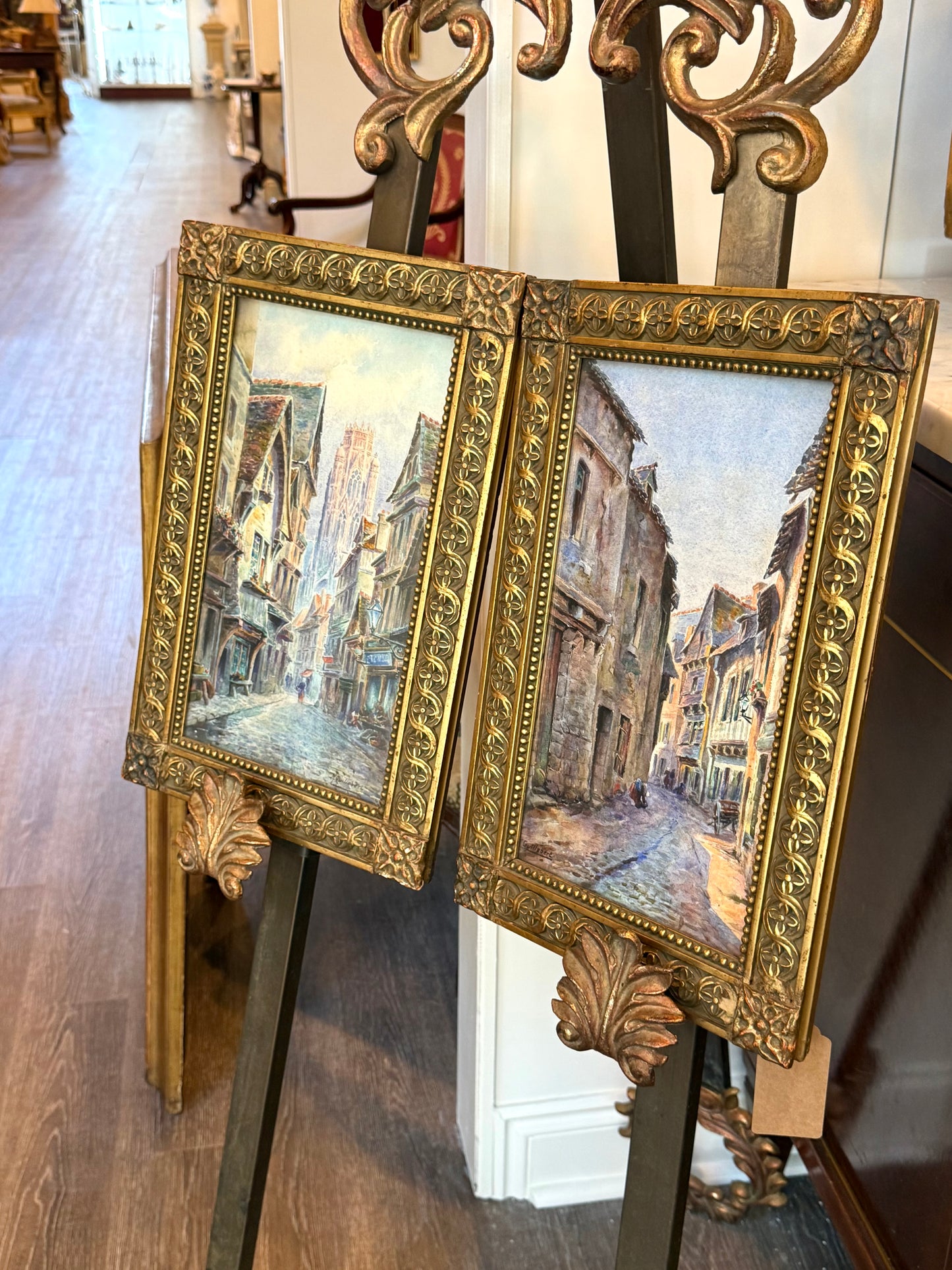 Pair of Signed French Village Street Scene Watercolors by M. Guillebert in Gothic Revival Frames