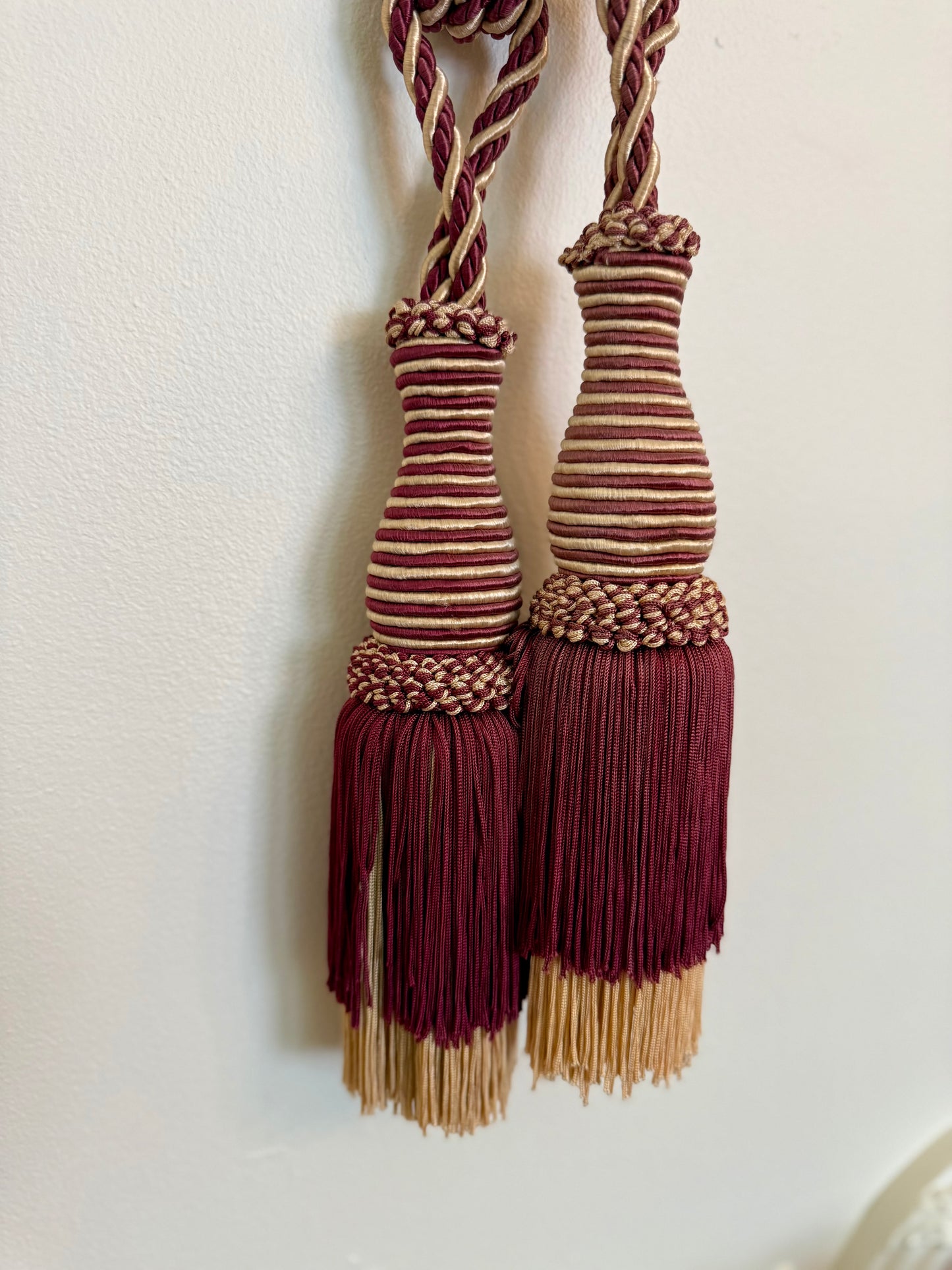 Large Vintage Double Curtain Tassels Pair | 28 Inch Burgundy & Gold Drapery Tassels