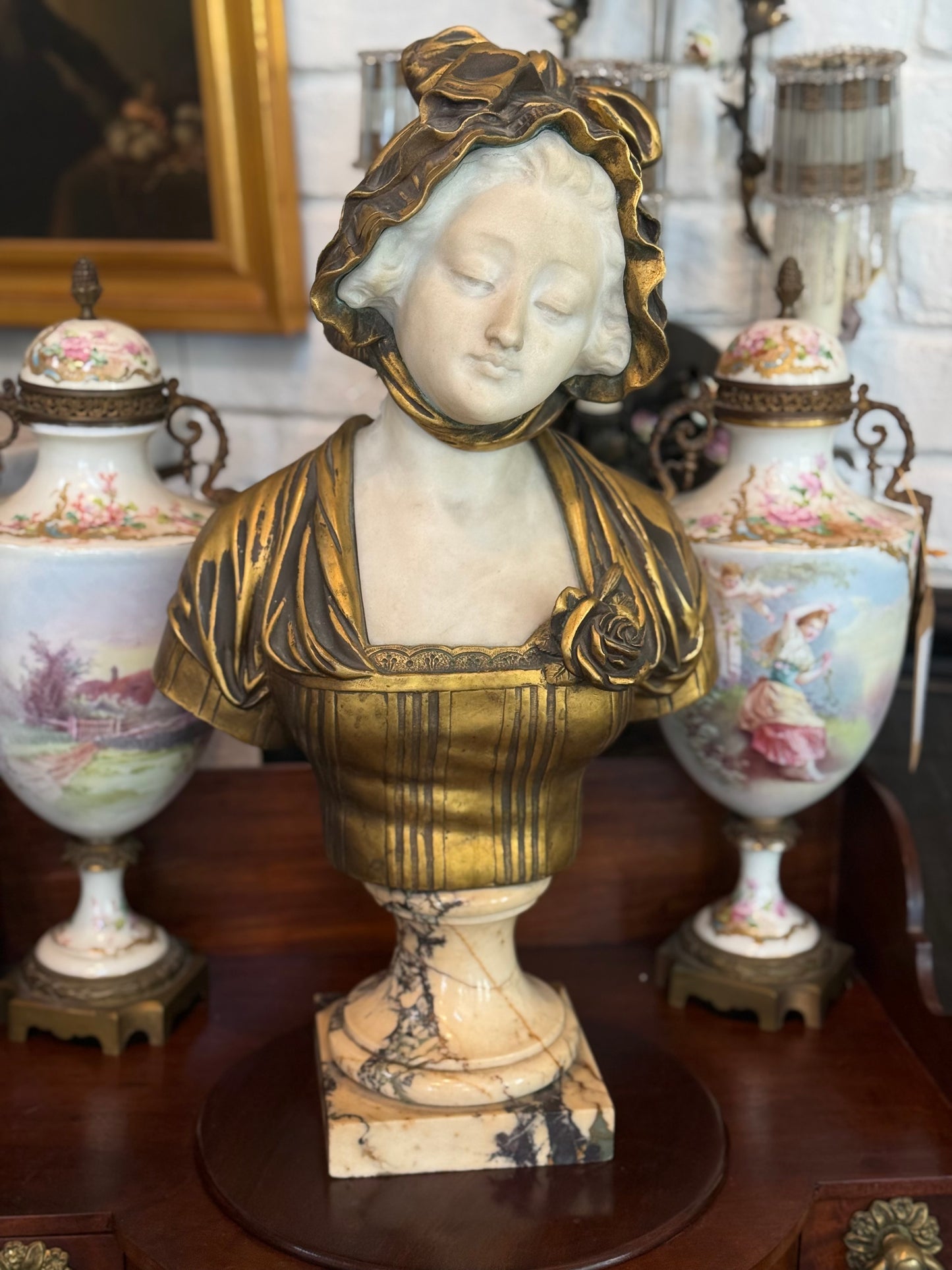 French Marble and Patinated Bronze Maiden Bust, After Jean-Baptiste Greuze