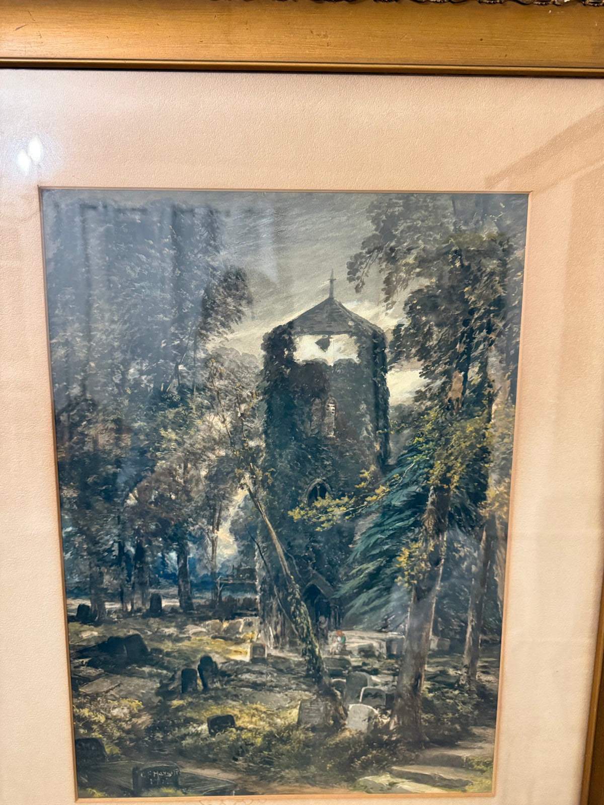 George Fotherly Hargitt, 1912 Antique Cemetery and Church Watercolor Landscape