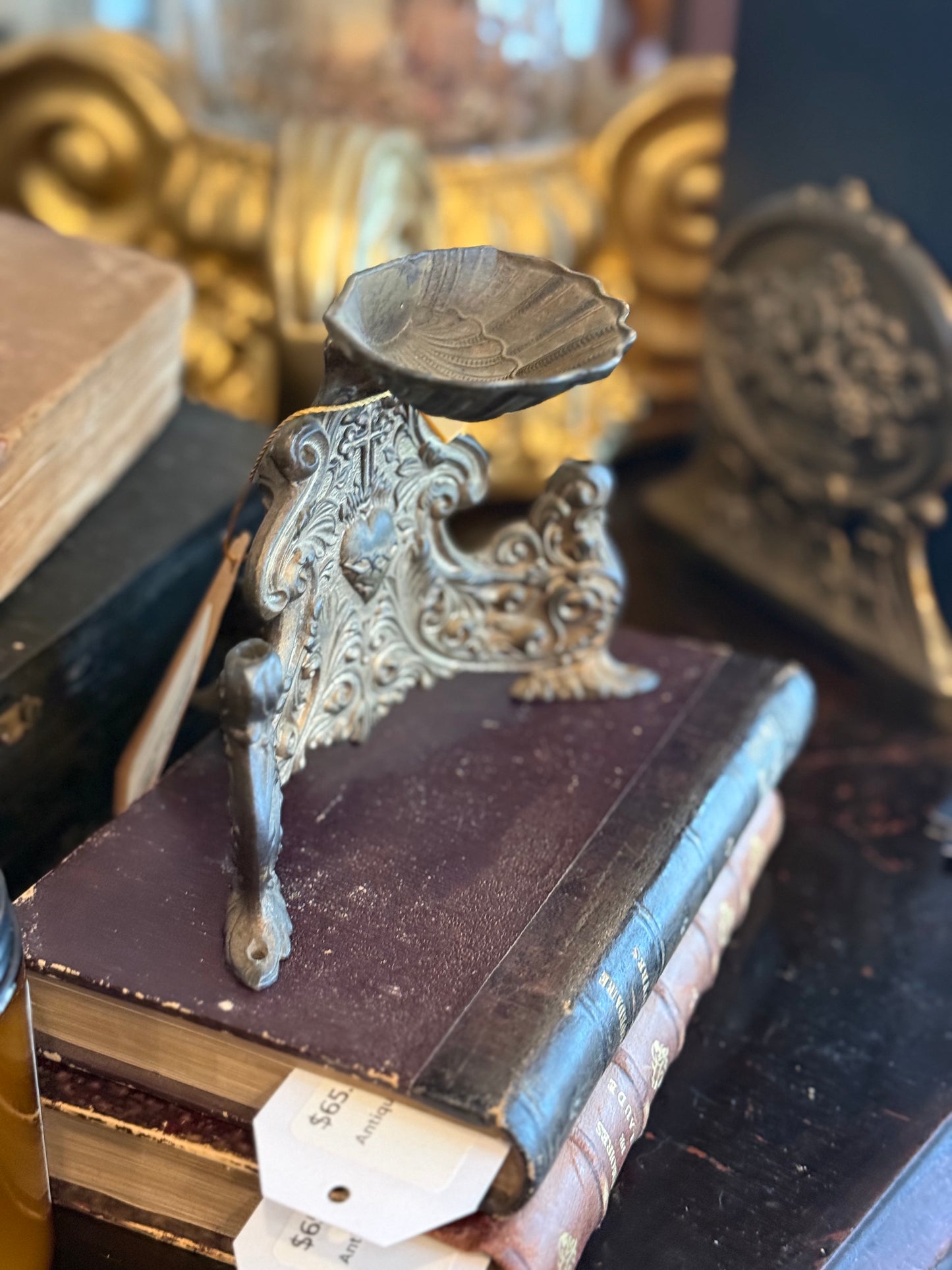 Antique Gothic Revival Cast Metal Holy Water Font