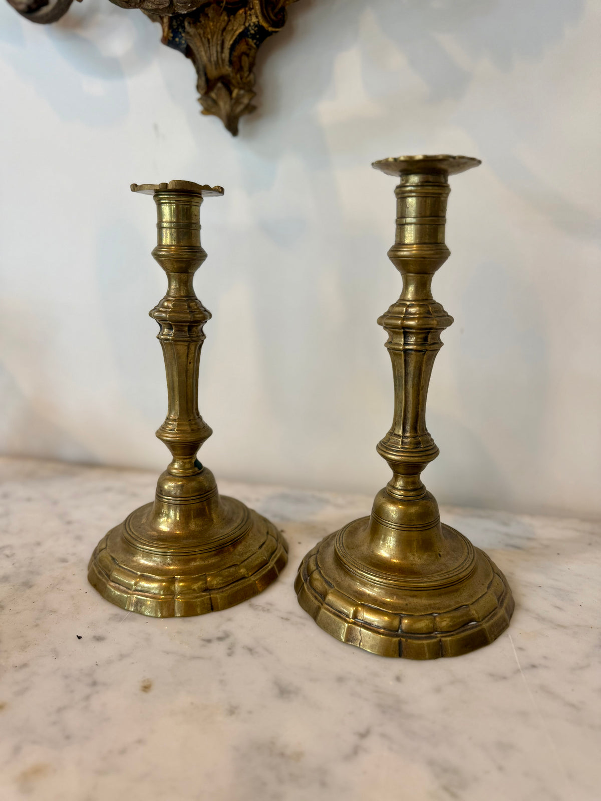 Pair of 18th Century French Louis XV Brass Candlesticks