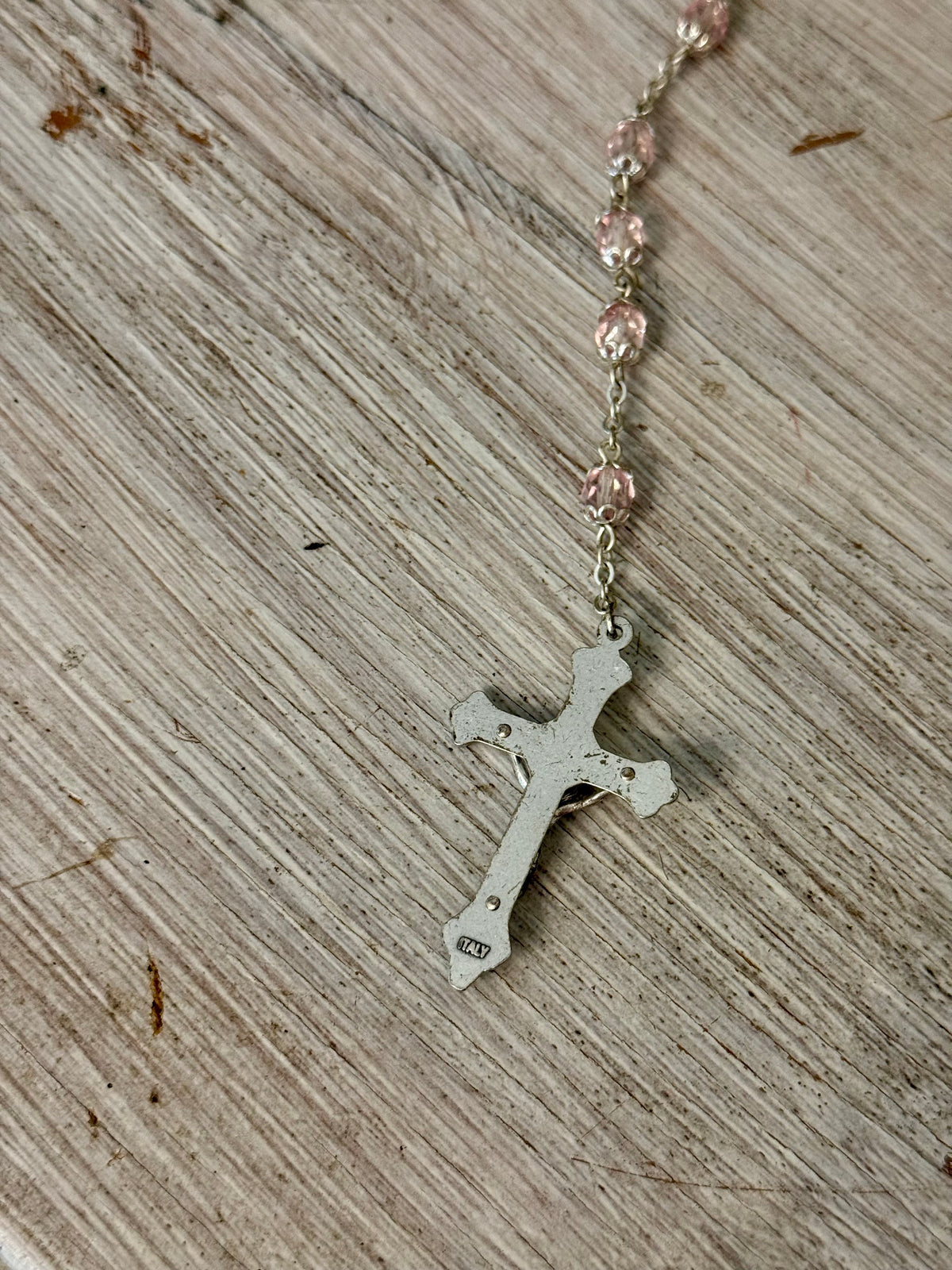 Vintage Pale Pink Faceted Glass Catholic Rosary with Marian Medal