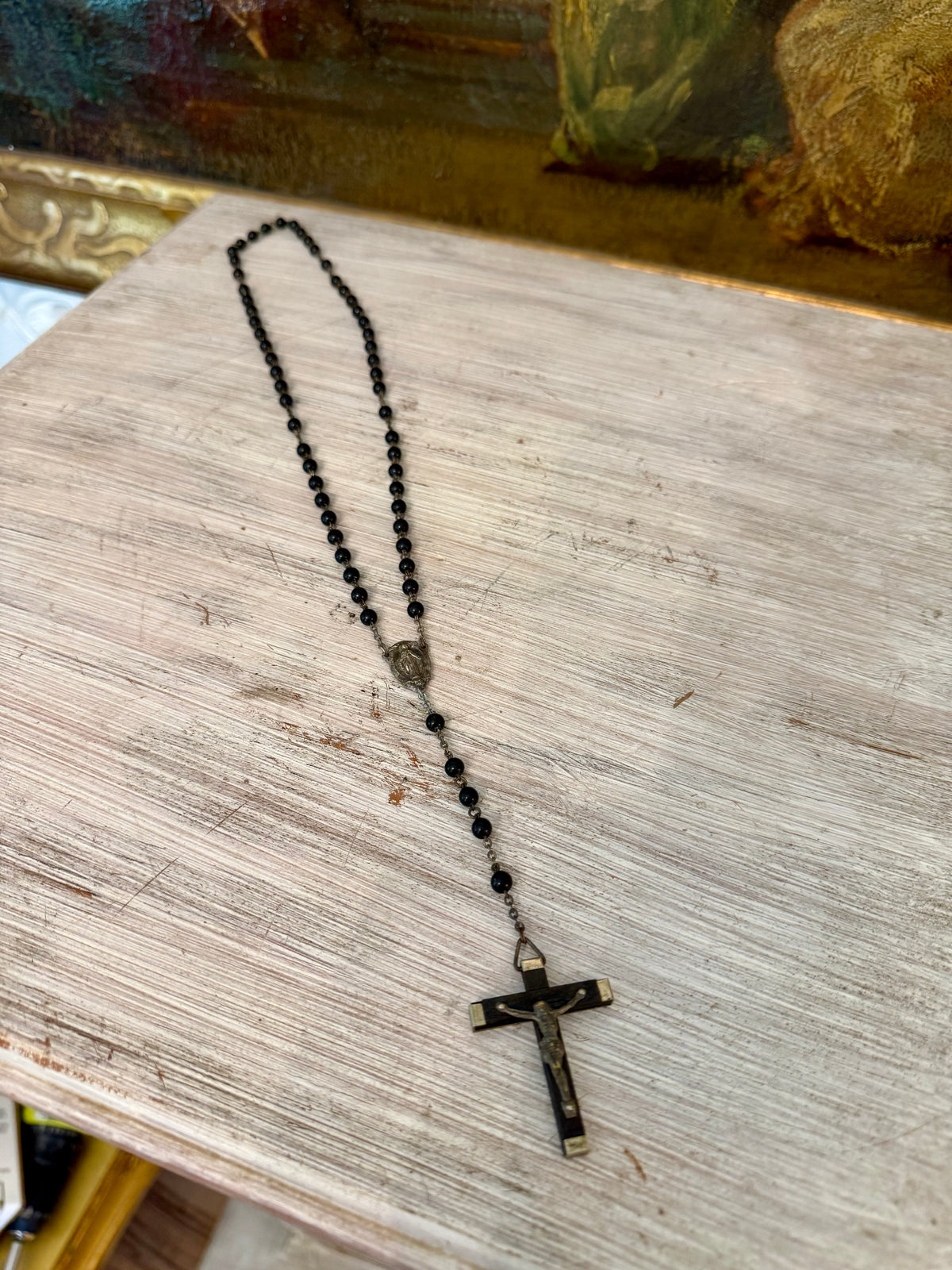 Vintage Black Beaded Catholic Rosary with Metal-Tipped Crucifix