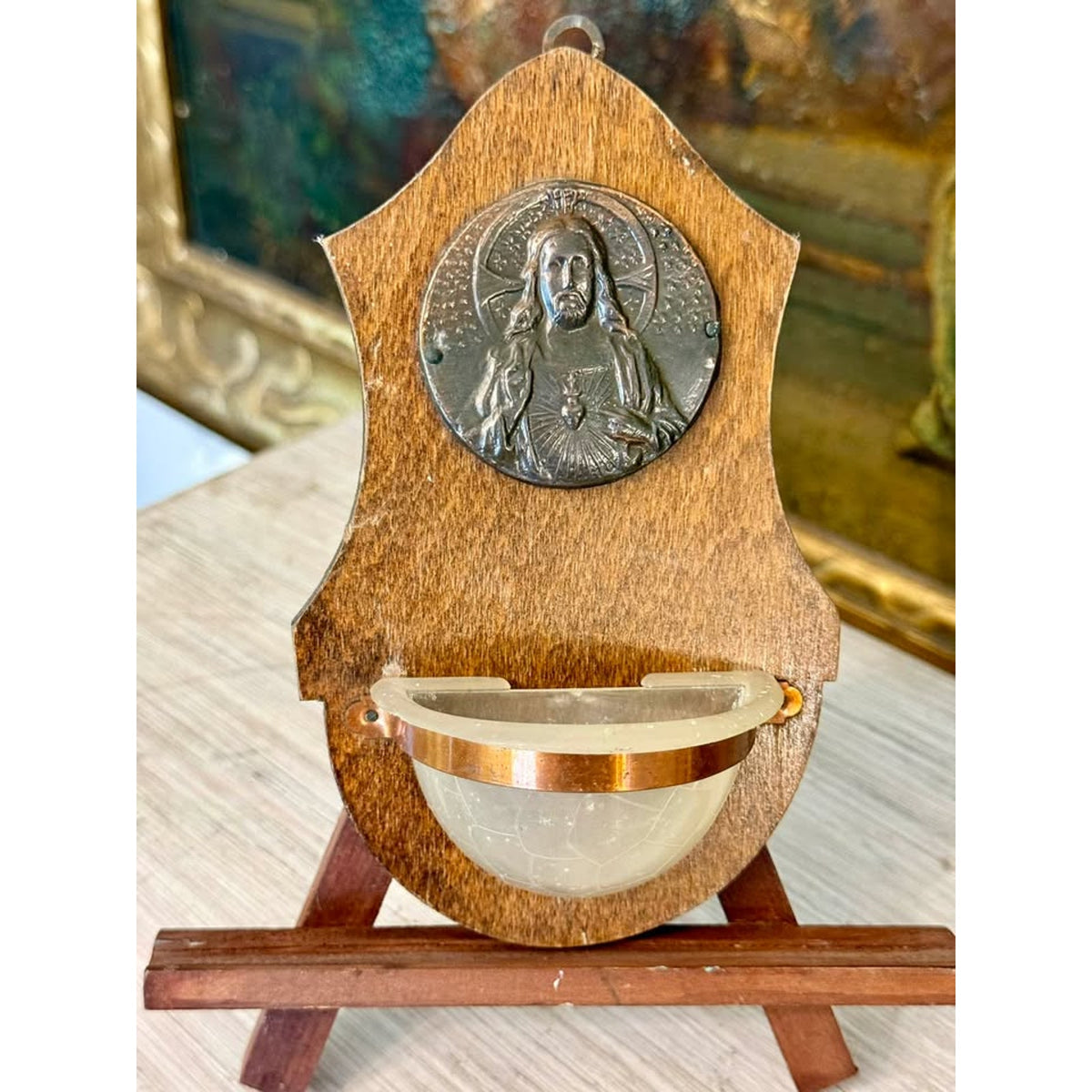 Vintage Sacred Heart of Jesus Wooden Holy Water Font, Catholic Devotional Wall Plaque