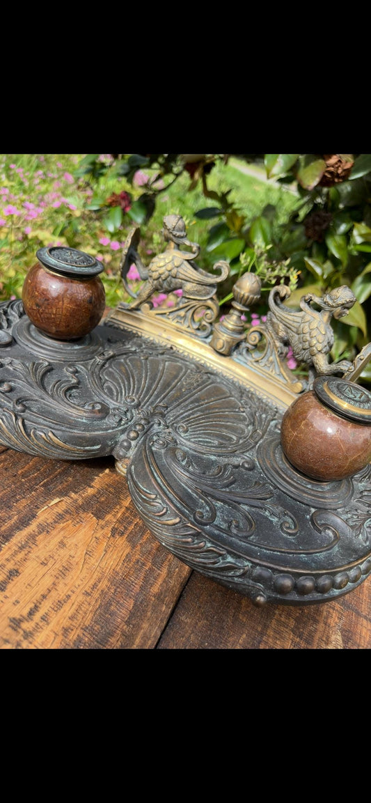Maitland-Smith Bronze Inkwell Art Nouveau Style with Winged Women