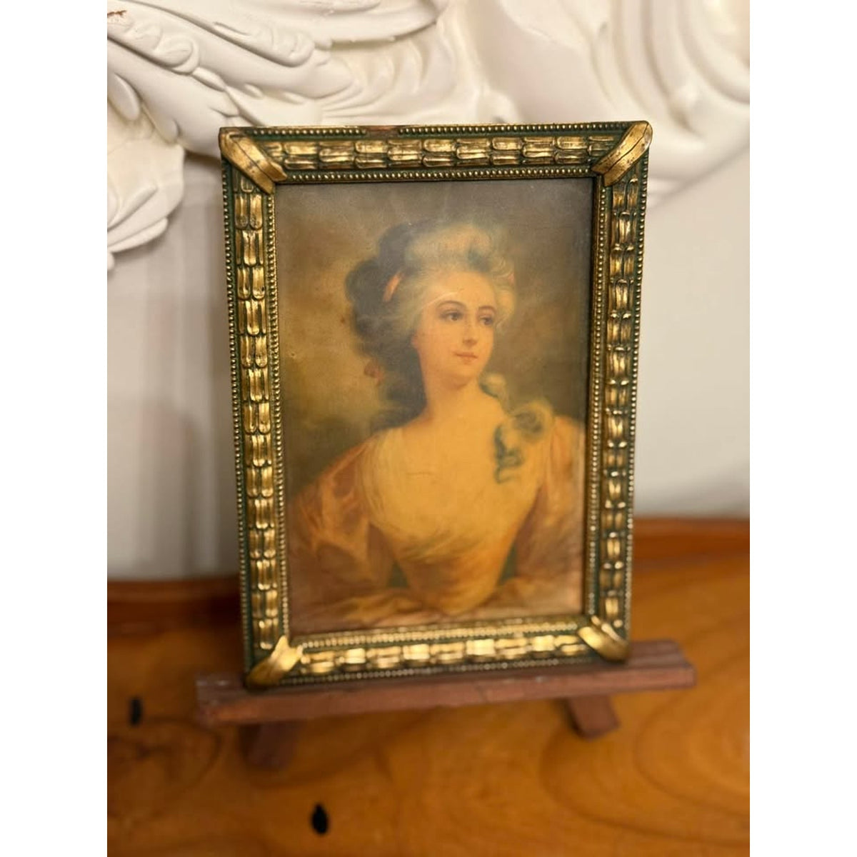 Vintage Convex Metal Lady Portrait Rococo Victorian Style Gold Frame