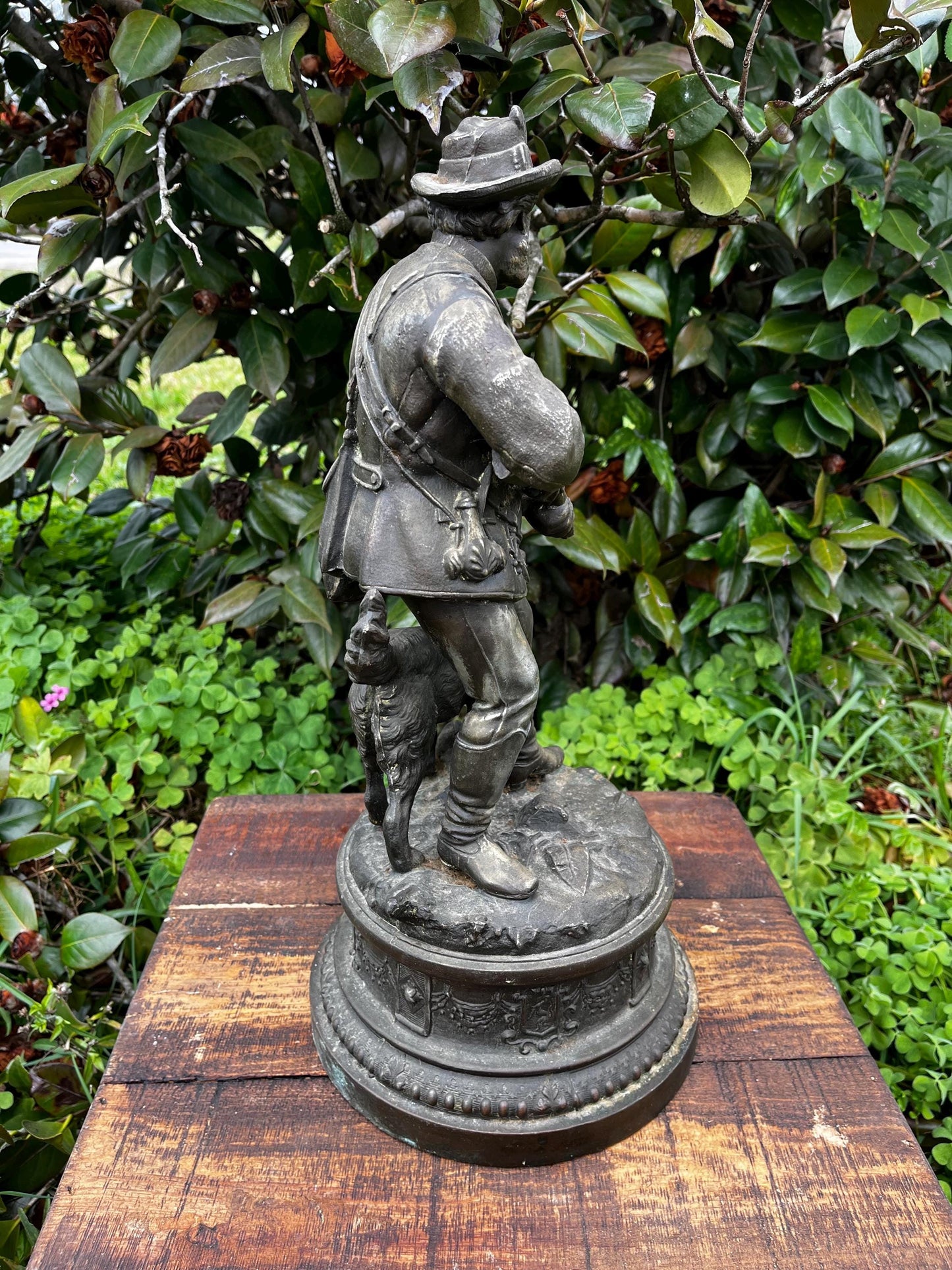 Large Antique Spelter Hunter Lamp Base – 19th C. Rustic Lodge Decor, Dog Figurine, Verdigris Patina, Bronze Finish