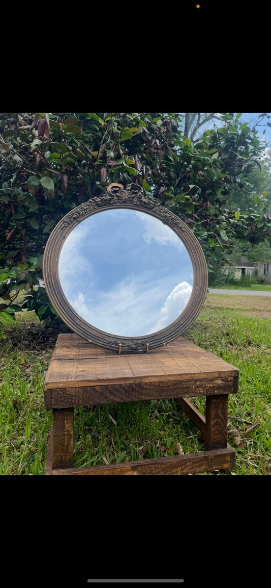 Antique Bow-Top Mirror | 18" Gilt Wall Mirror with Replaced Glass | French Style Frame | Chipped Crest | Ornate Vintage Mirror