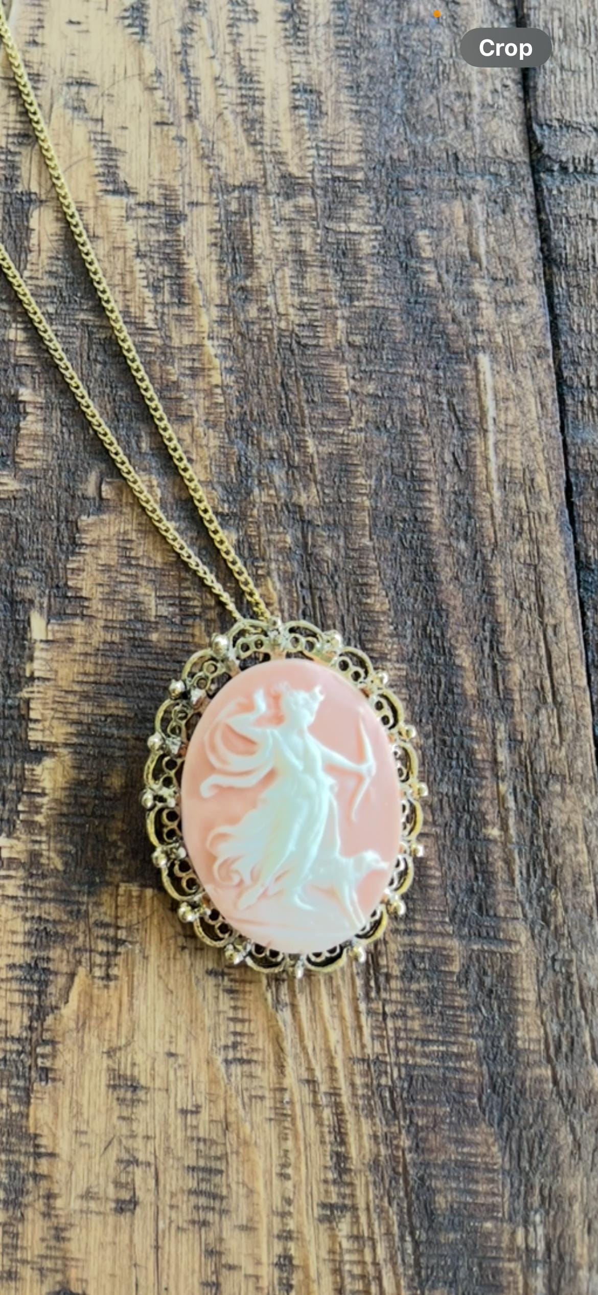 Artemis Cameo Necklace – Resin Pink Cameo Depicting Artemis with Bow & Dog – Vintage Greek Goddess Jewelry