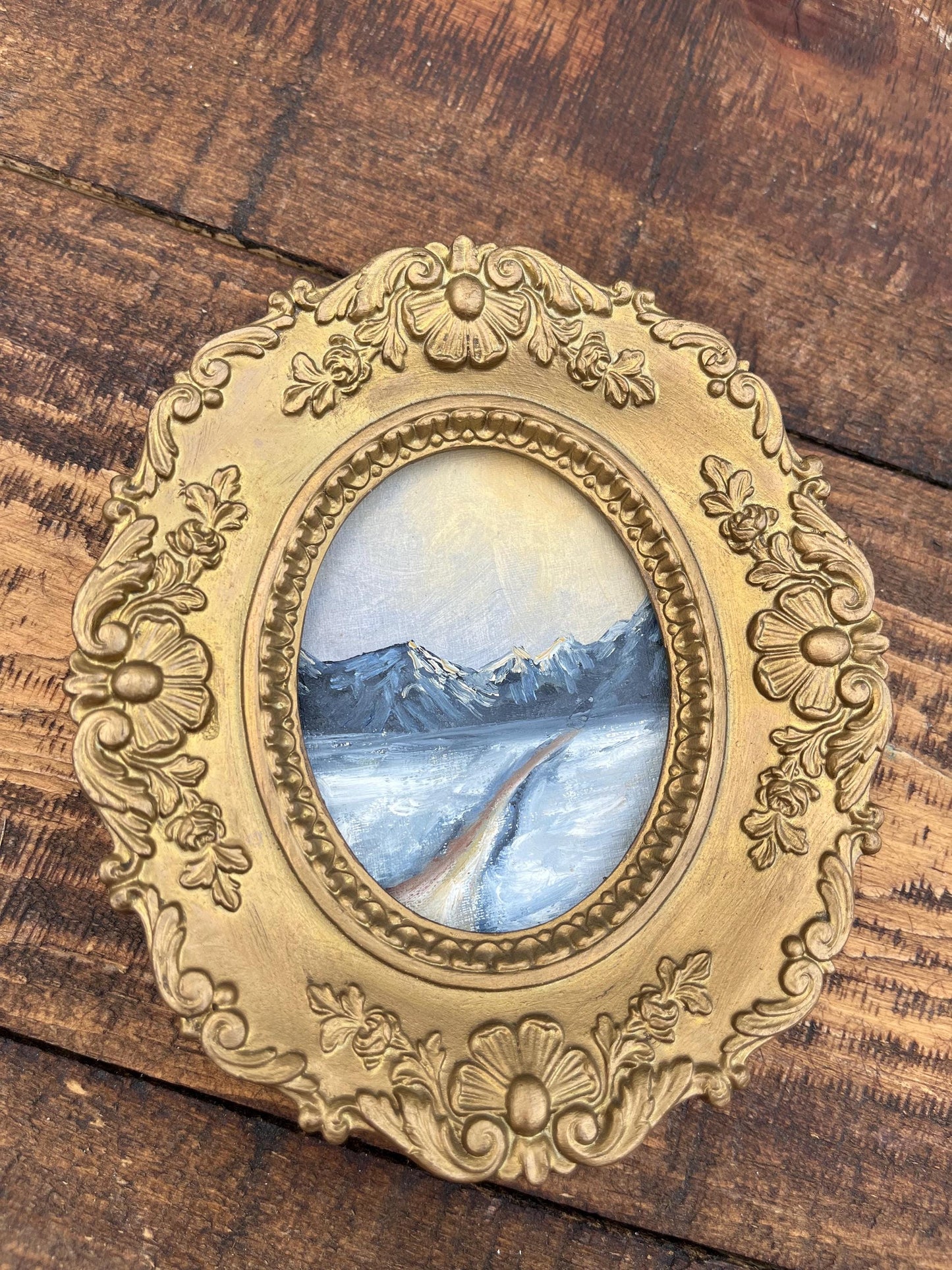 Vintage “A Cameo Creation” Oval Framed Miniature Print – Snowy Mountain Landscape, Rococo Gold Frame, Mid-Century Wall Art