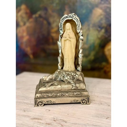 Vintage French Our Lady of Lourdes Grotto Shrine with Ivory-Colored Madonna Figure