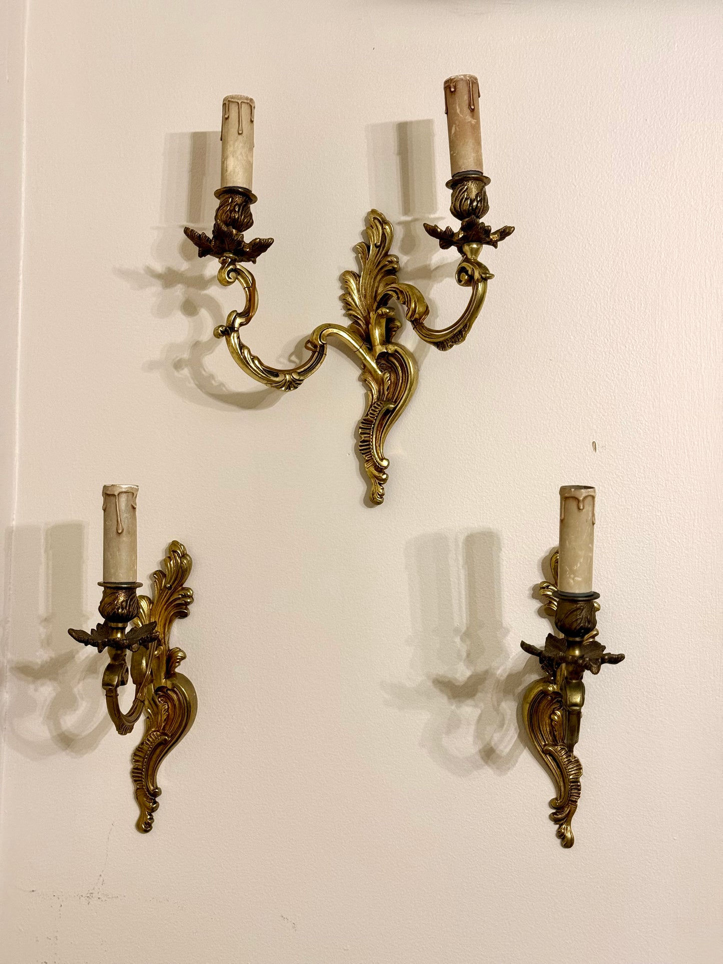 Mid-Century French Brass Rococo Revival Wall Sconces | Set of Three