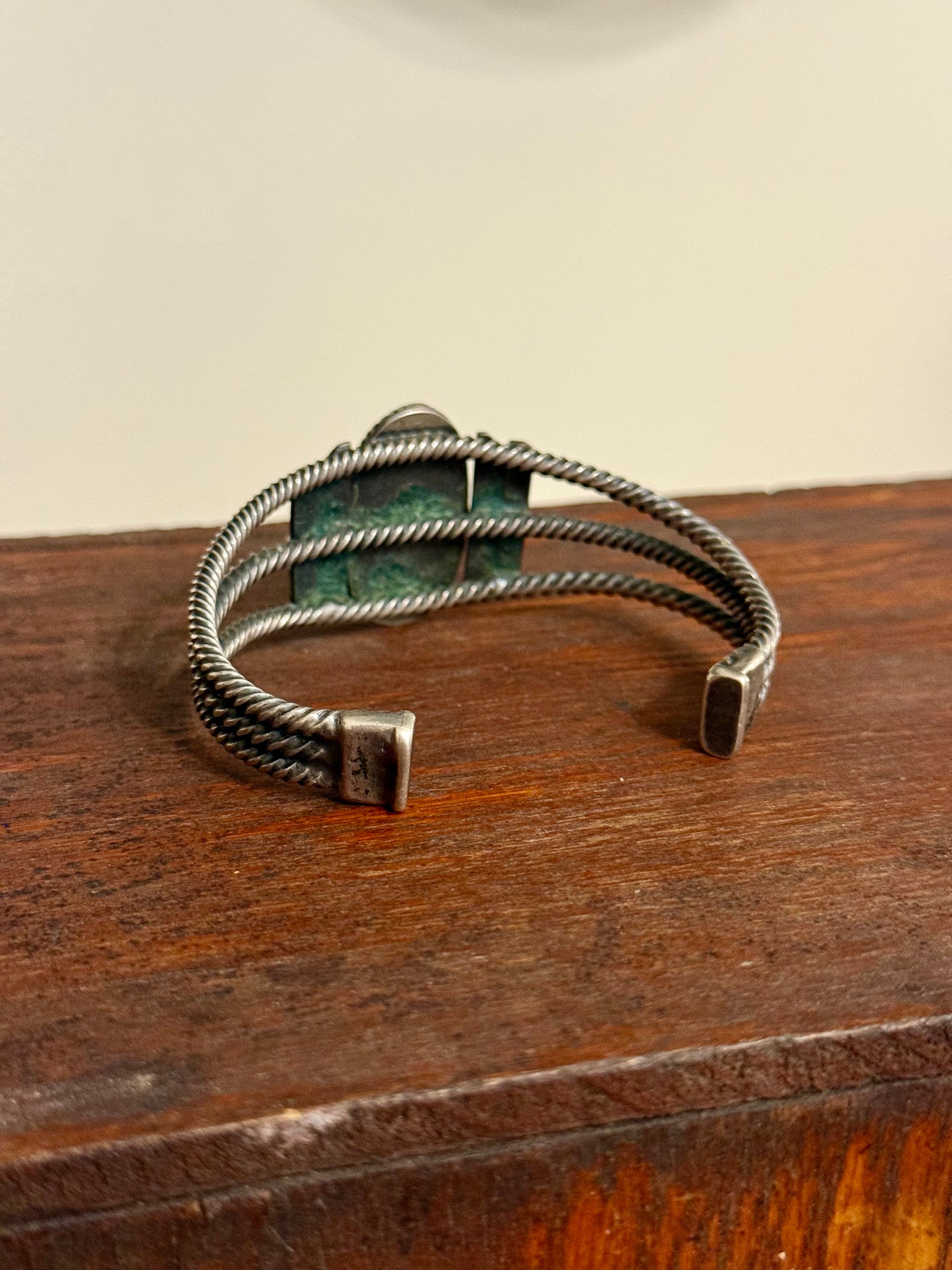 Vintage Navajo Three-Strand Twisted Wire Cuff Bracelet with Green Stone