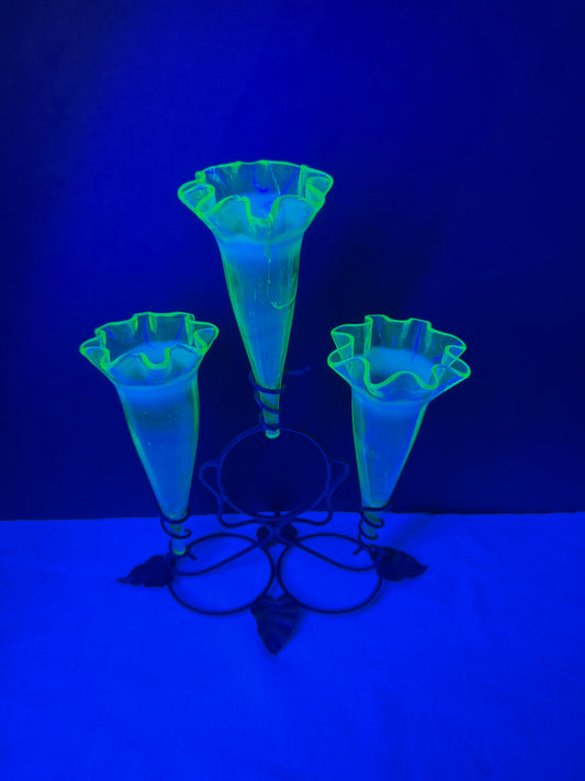 Victorian Uranium Glass Epergne with Three Flutes, c. 1890–1910