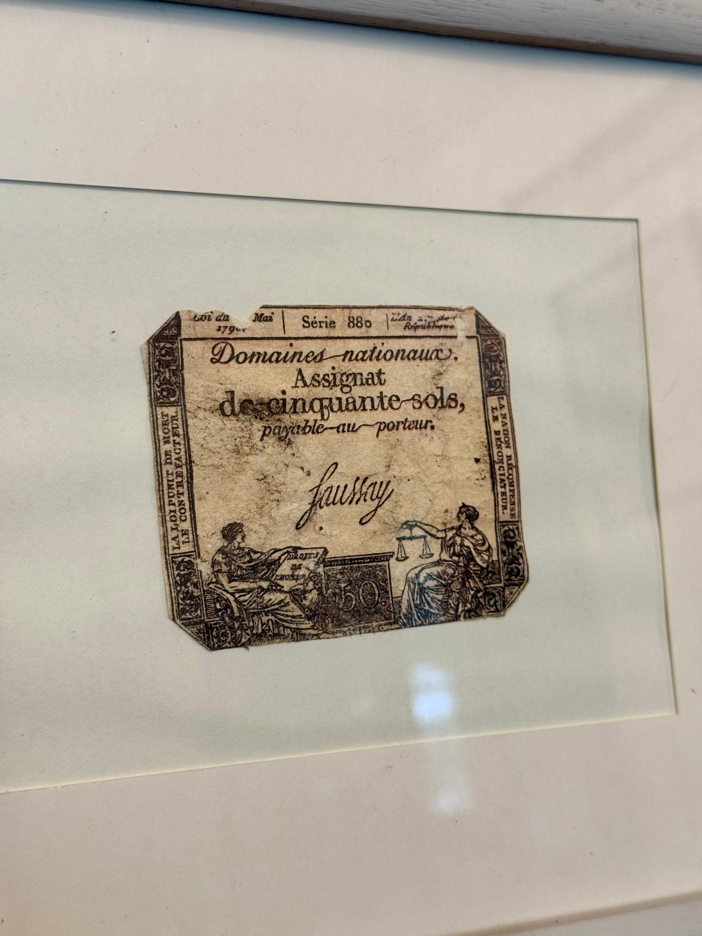1793 French Revolution 50 Sols Assignat, Framed