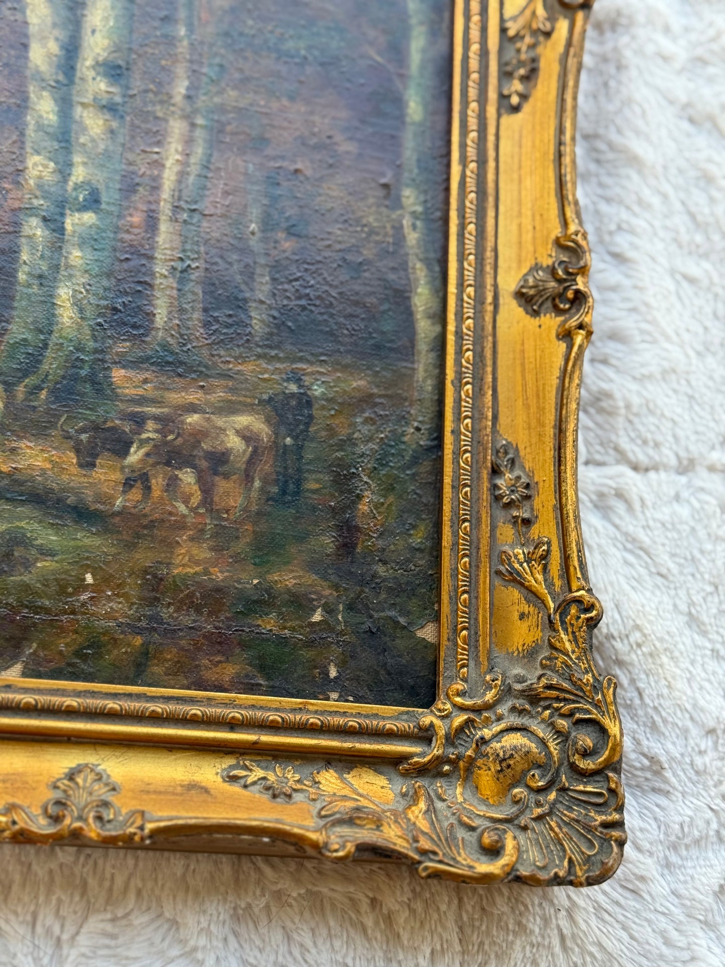 19th-Century Continental Woodland Landscape with Cattle & Herdsman
Oil on Canvas, c. 1860–1890 (9×12 canvas, 12×15 framed)