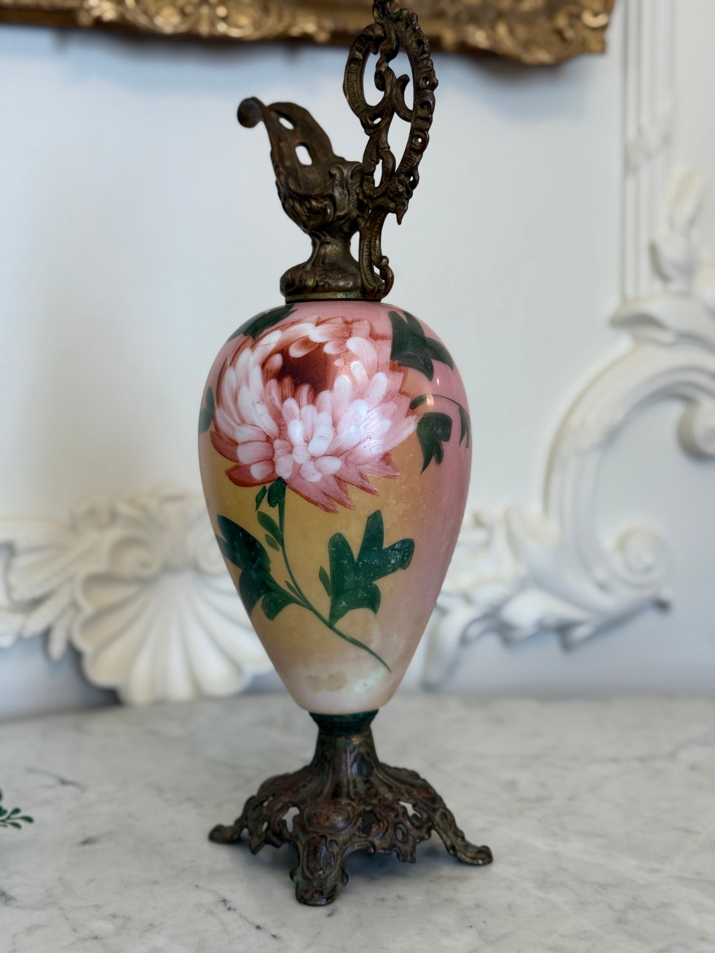 Hand Painted Porcelain Ewer with Cast Brass Mounts