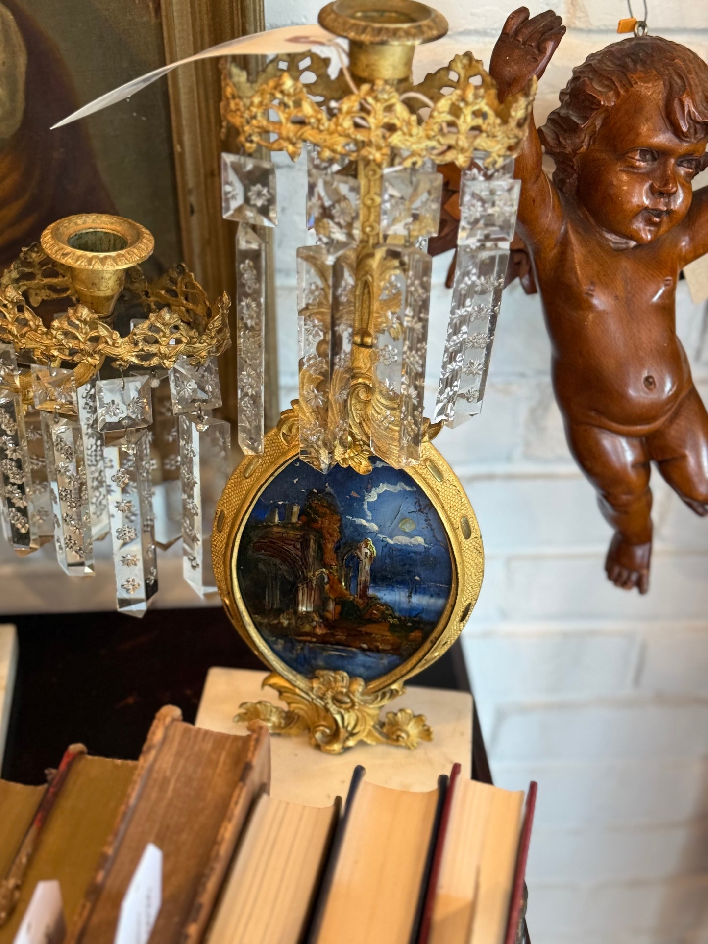 Antique American Gilt Bronze, Églomisé & Cut Glass Girandole Garniture set of 3

Mid-19th Century