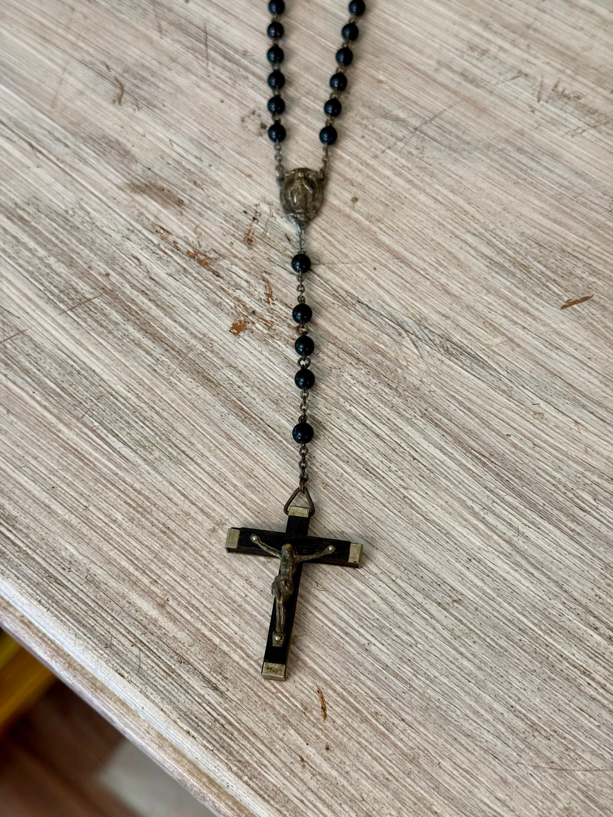 Vintage Black Beaded Catholic Rosary with Metal-Tipped Crucifix
