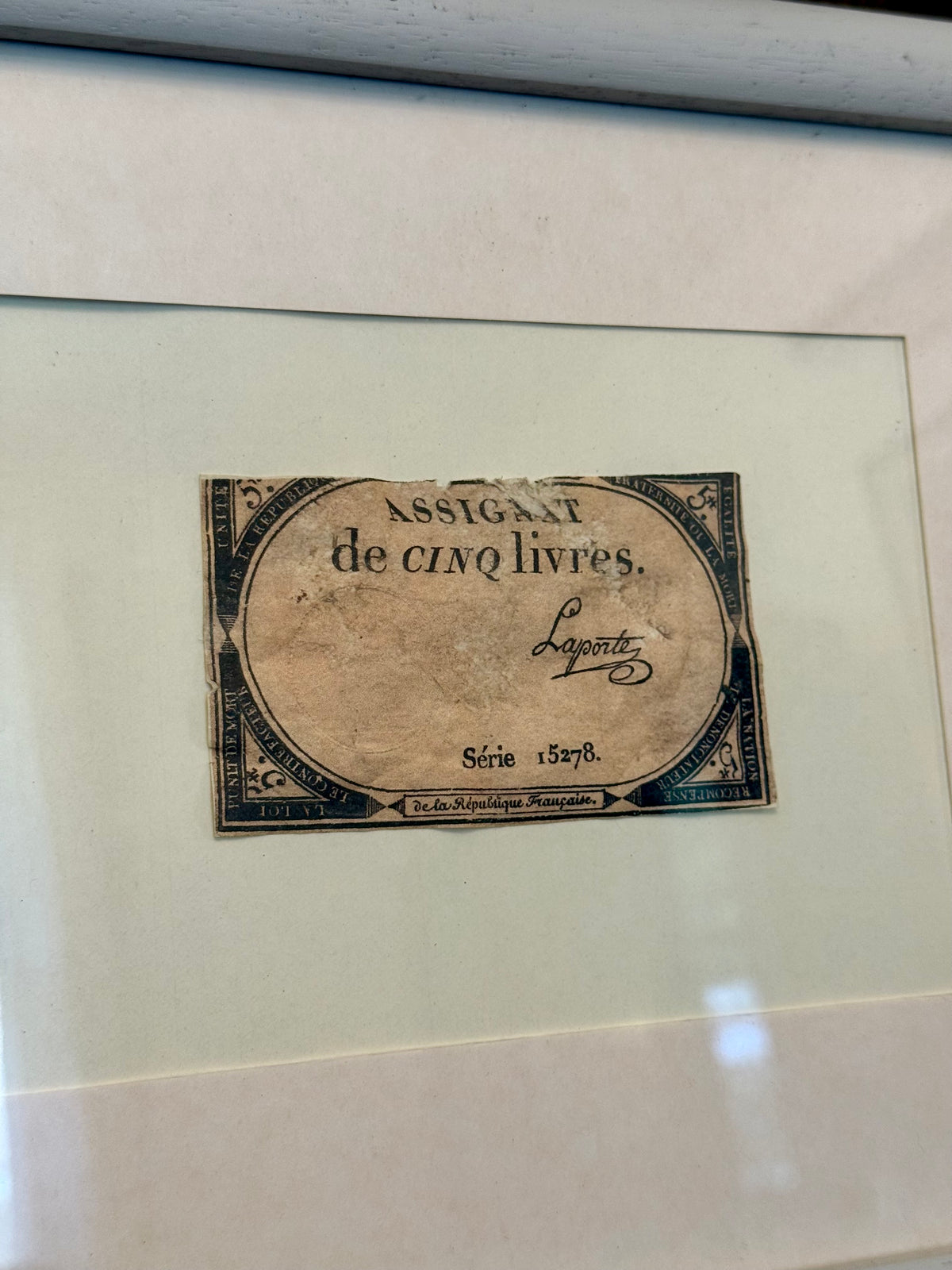 1793 French Revolution 5 Livres Assignat, Framed