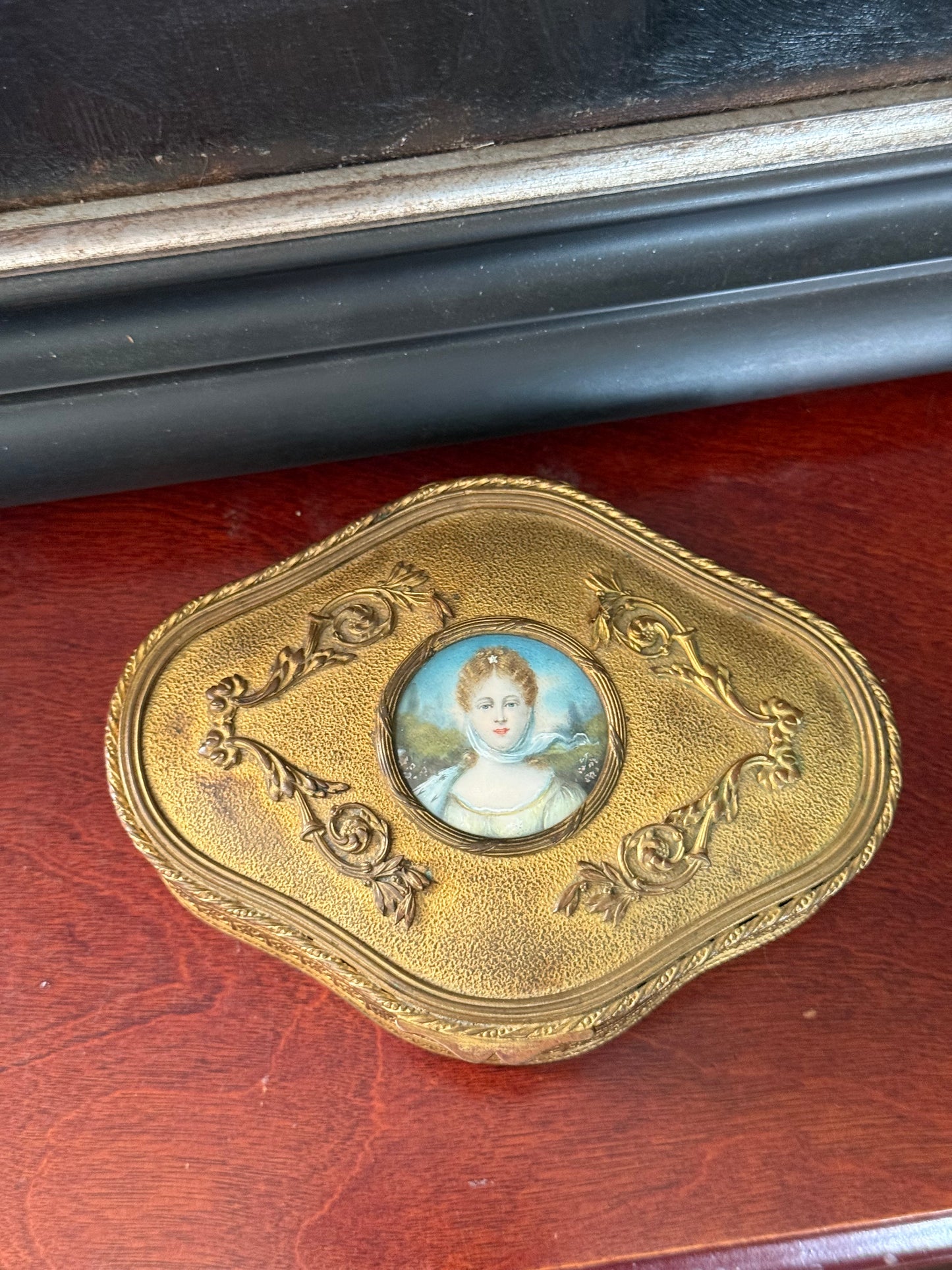 Antique Gilt Bronze Jewelry Box with Ivory Portrait Miniature, Continental Europe 19th c.