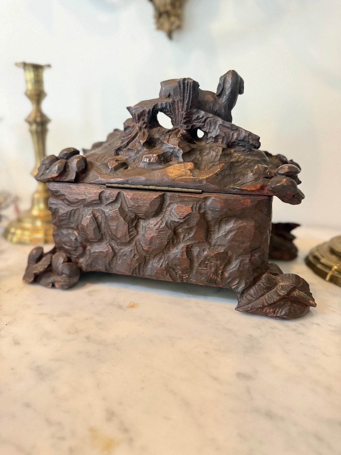 Antique Black Forest Carved Hunt Scene Box with Dog Scene