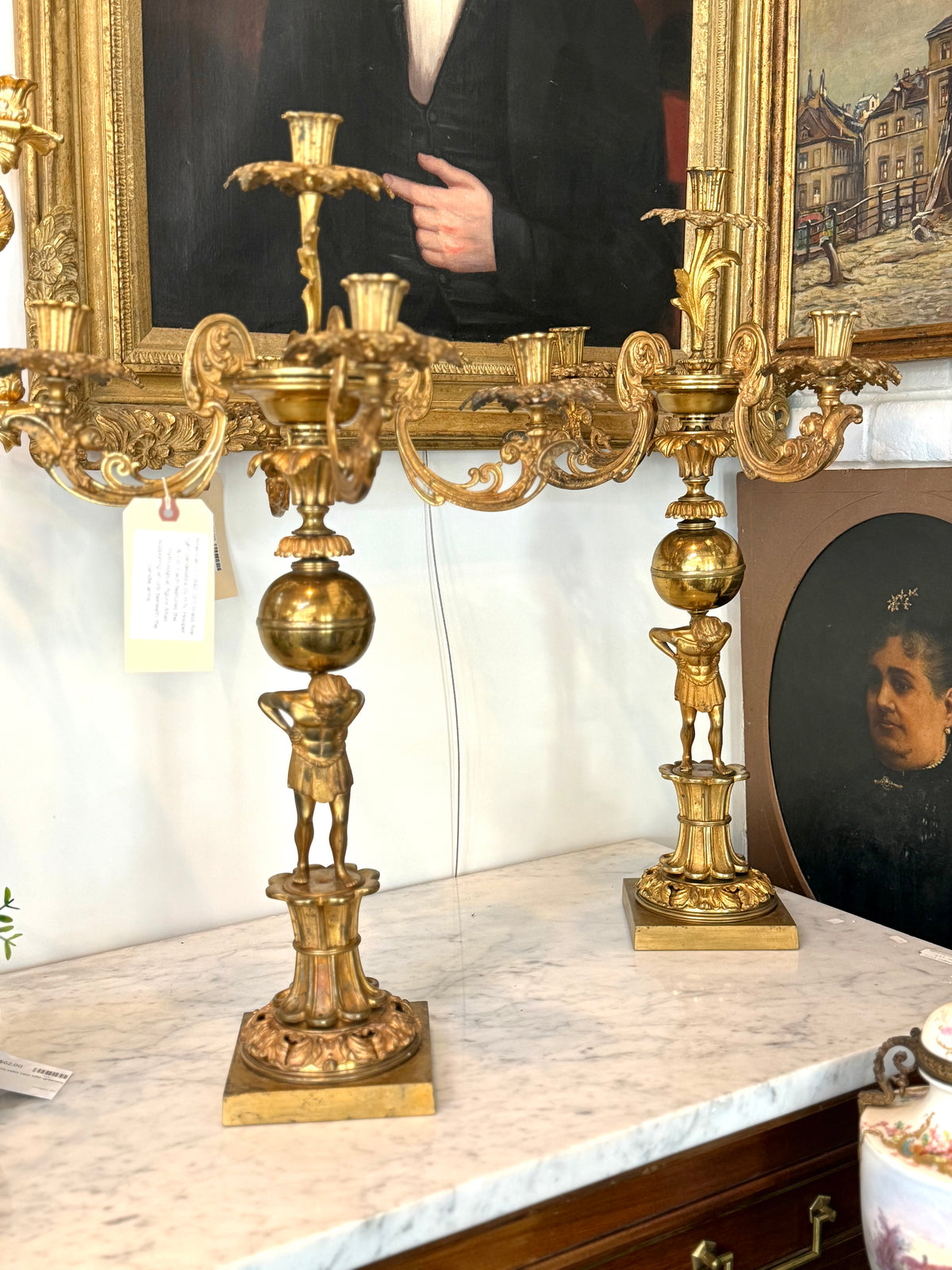Pair of American H.N. Hooper & Co. Gilt Brass Figural Candelabra, c. 1840