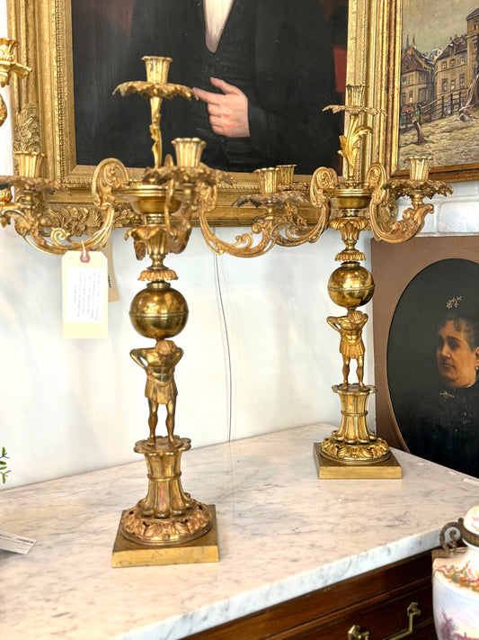 Pair of American H.N. Hooper & Co. Gilt Brass Figural Candelabra, c. 1840