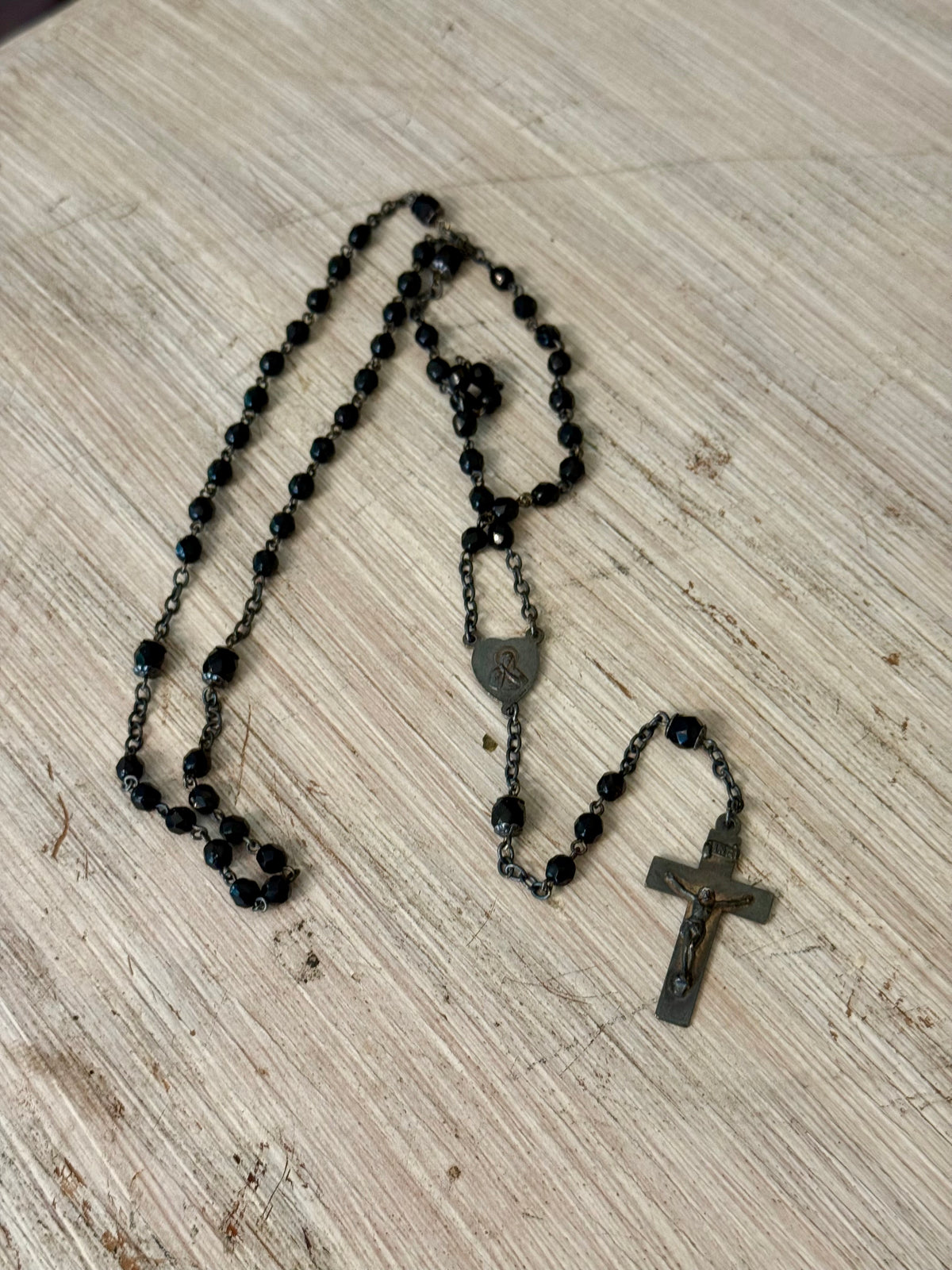 Vintage Black Faceted Glass Catholic Rosary with Marian Medal