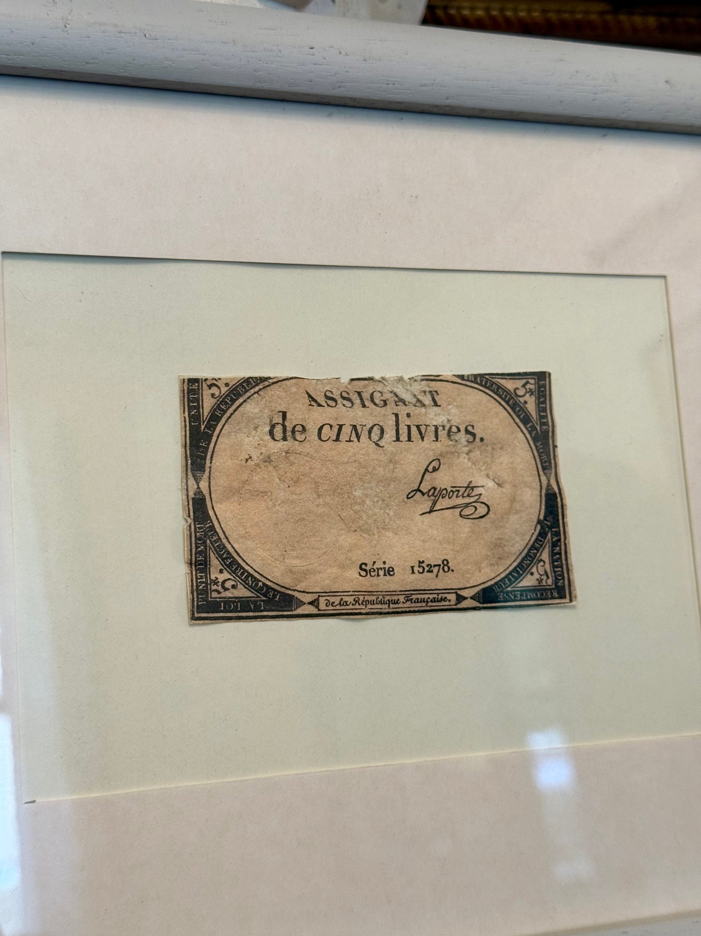 1793 French Revolution 5 Livres Assignat, Framed