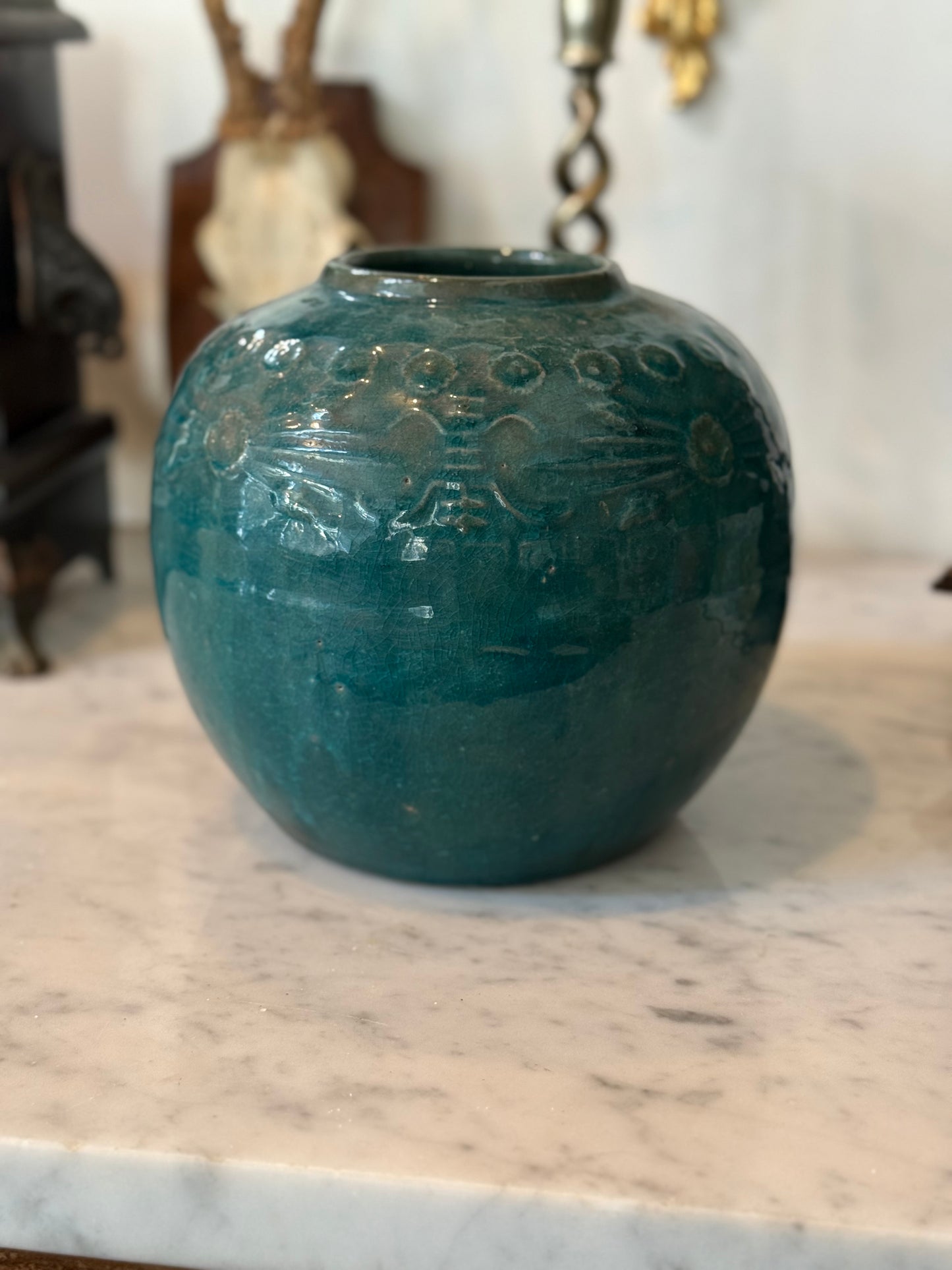 Early 20th Century Chinese Teal Glazed Pottery Jar