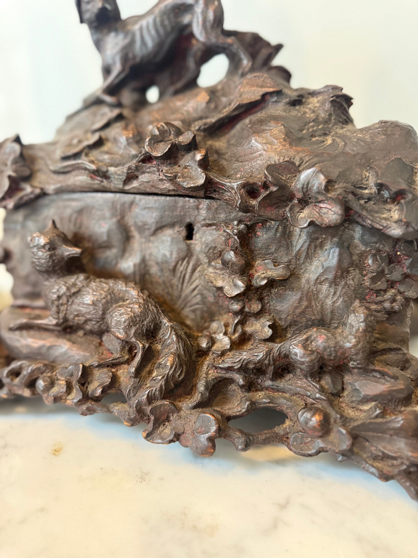 Antique Black Forest Carved Hunt Scene Box with Dog Scene
