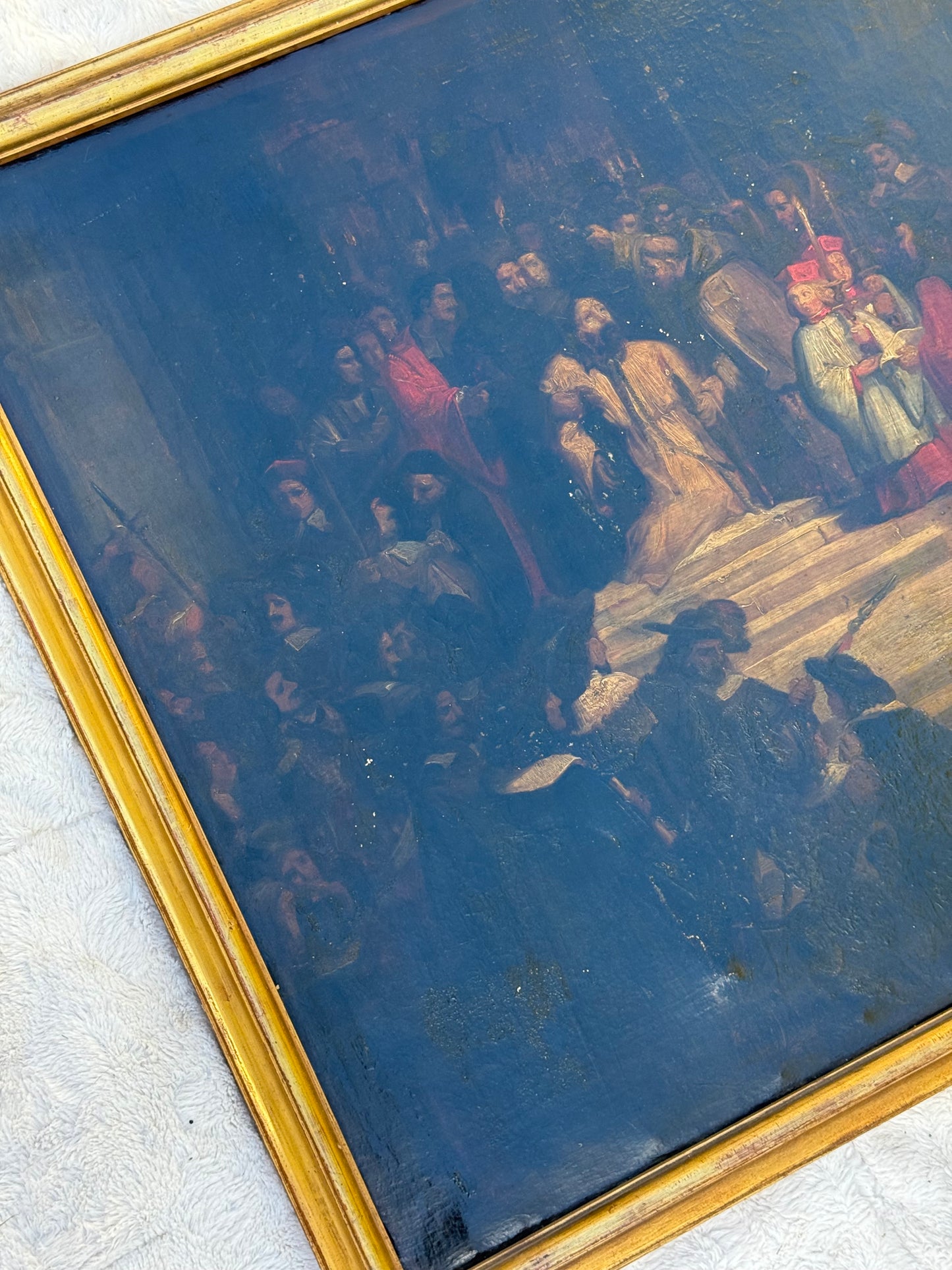 Huge Mid-19th Century Continental Public Penance Tribunal Scene – Dramatic Historic Oil Painting (35x42”)