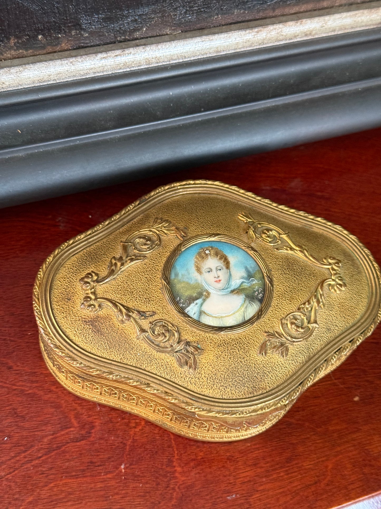 Antique Gilt Bronze Jewelry Box with Ivory Portrait Miniature, Continental Europe 19th c.