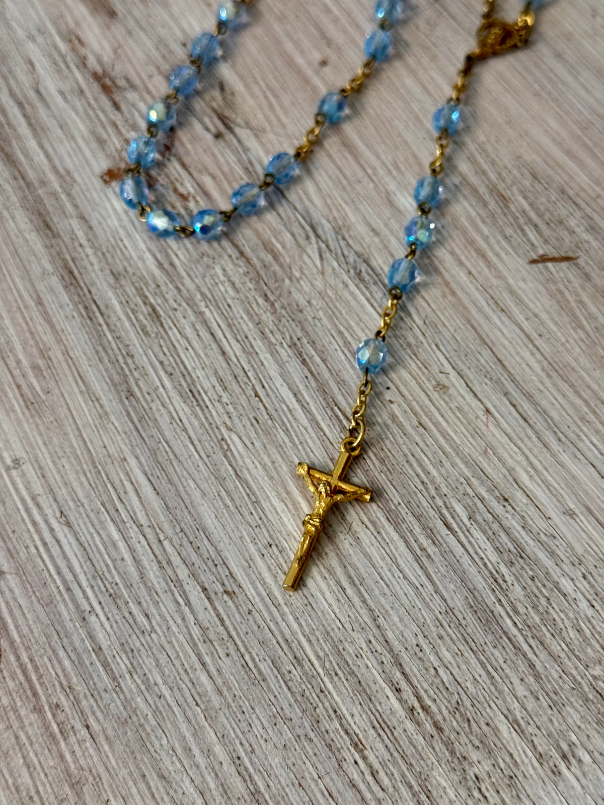 Vintage Aquamarine Blue Iridescent Glass Catholic Rosary