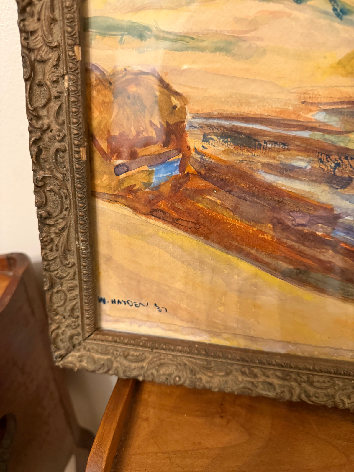 W. Hayden, 1931 Original Coastal Landscape Watercolor in Ornate Antique Frame