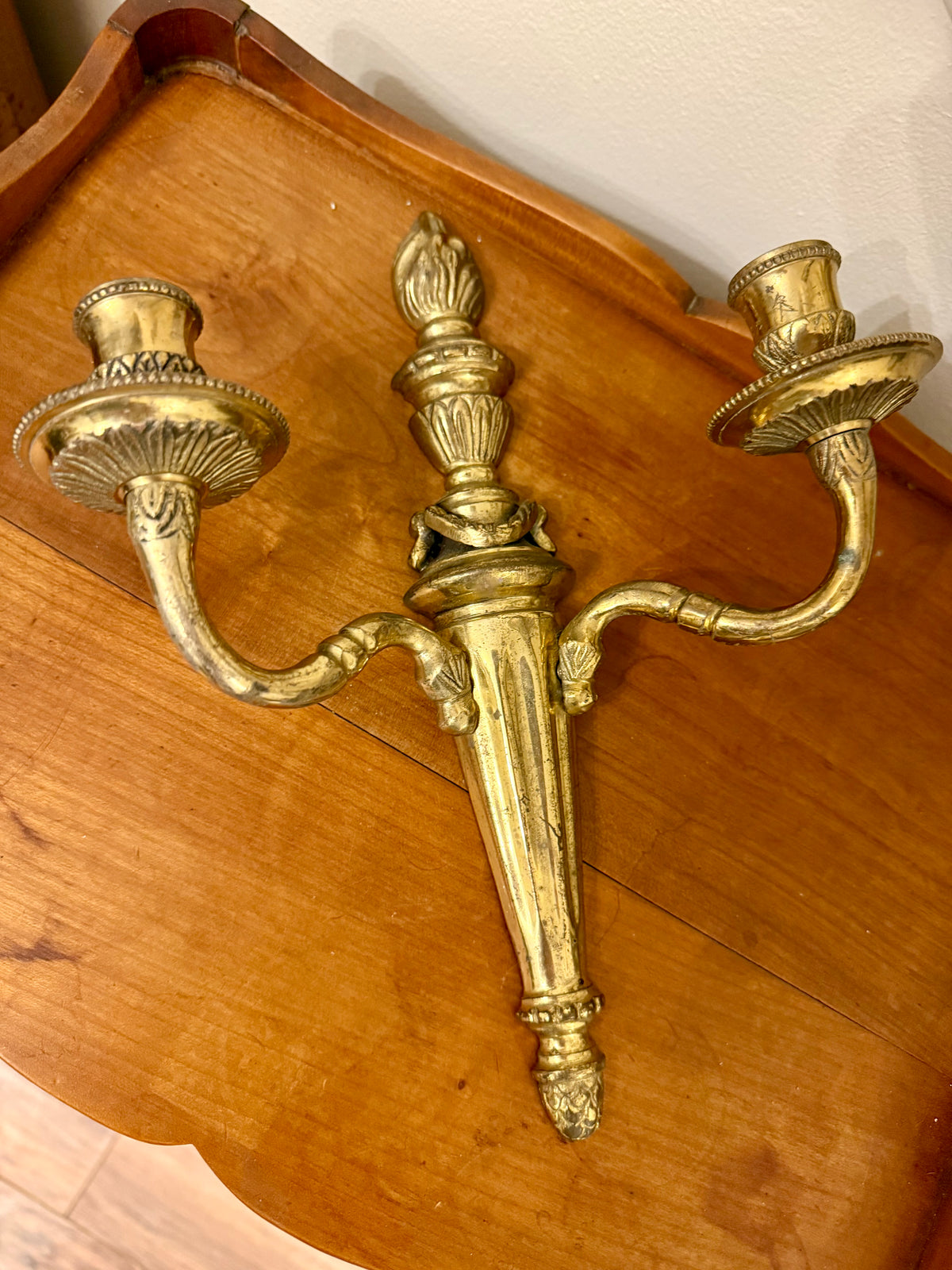 Vintage Louis XVI Style Brass Double-Arm Wall Sconce, French Neoclassical Revival