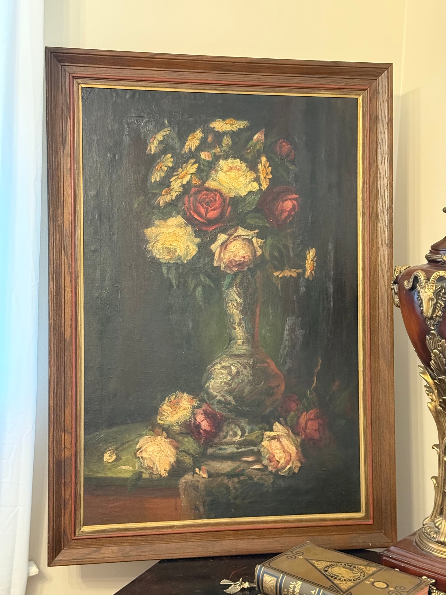 Antique Belgian Floral Still Life Oil Painting | Roses and Daisies in Vase | Framed Oil on Canvas Mounted to Board