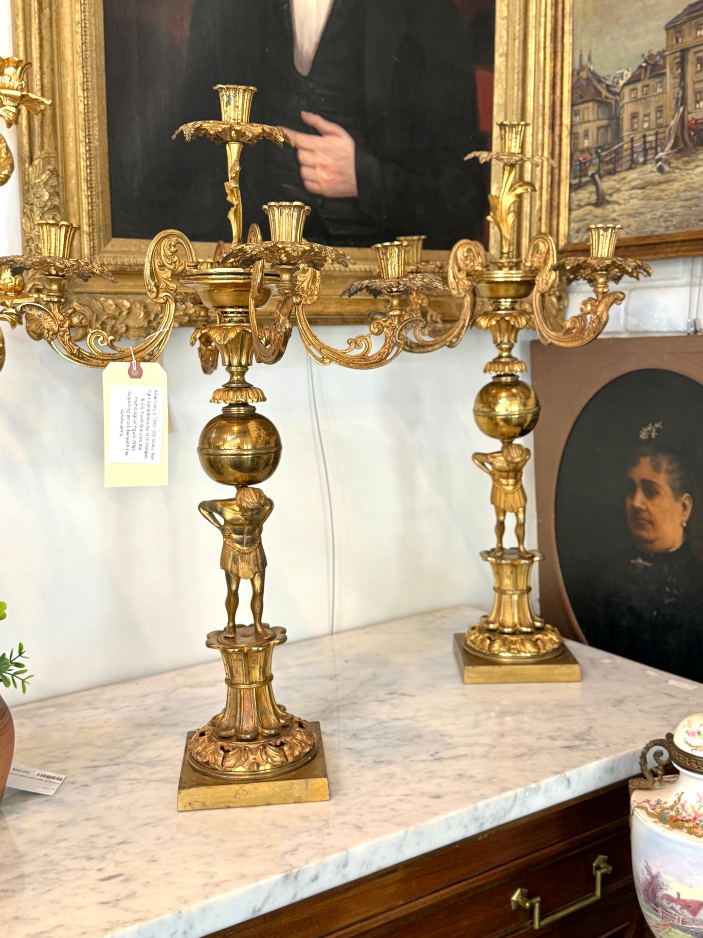 Pair of American H.N. Hooper & Co. Gilt Brass Figural Candelabra, c. 1840