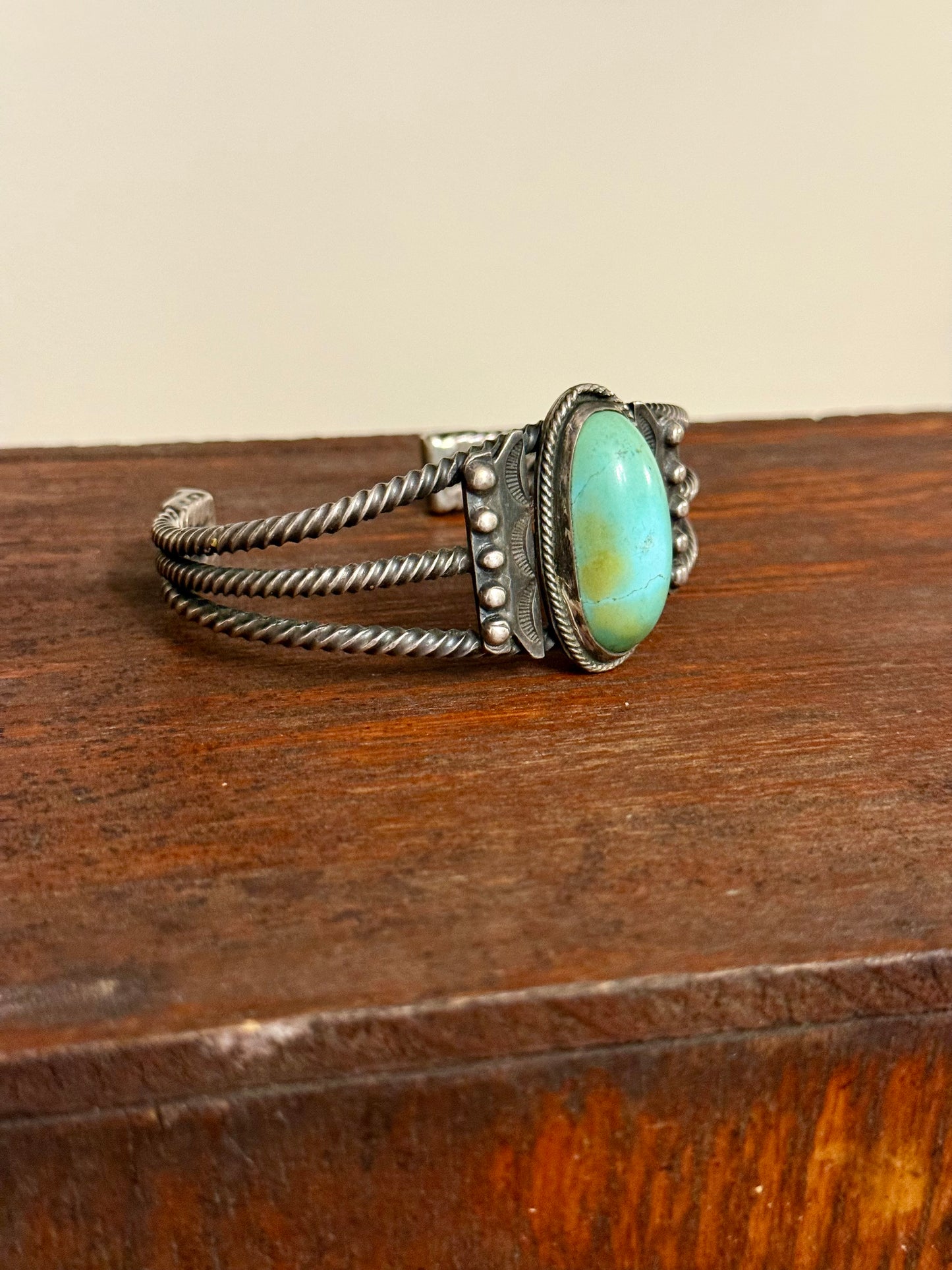 Vintage Navajo Three-Strand Twisted Wire Cuff Bracelet with Green Stone