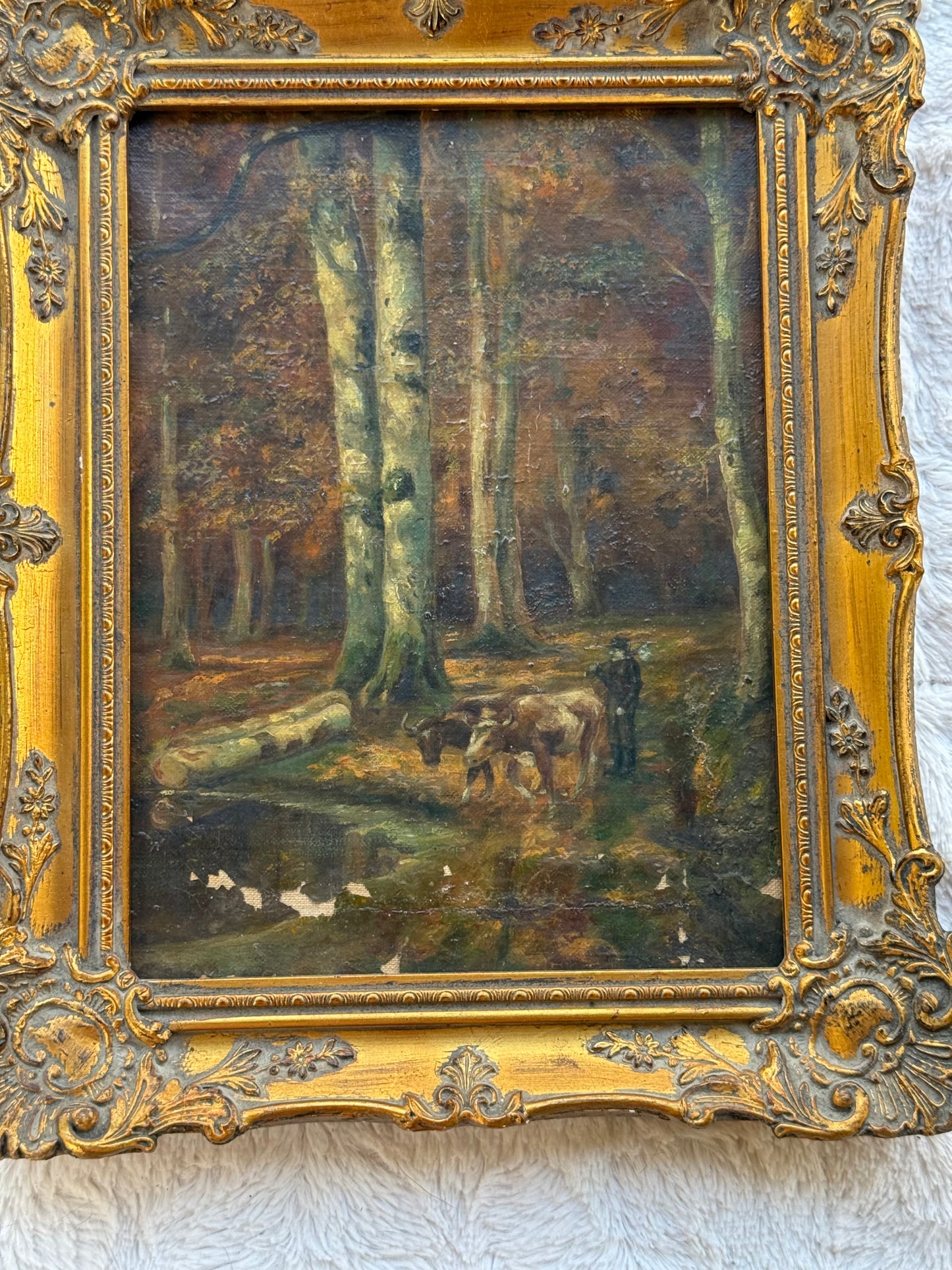 19th-Century Continental Woodland Landscape with Cattle & Herdsman
Oil on Canvas, c. 1860–1890 (9×12 canvas, 12×15 framed)