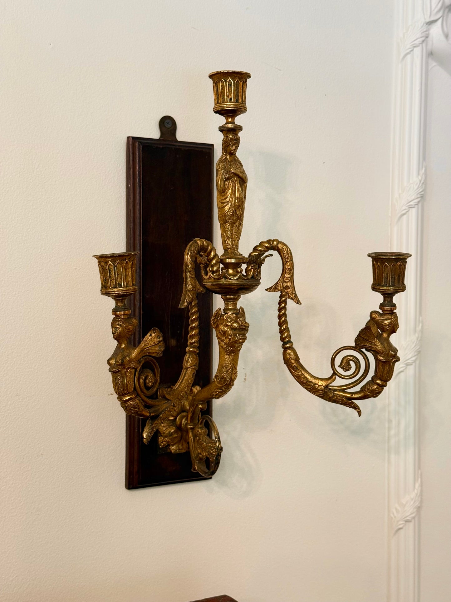 Regency Revival Gilt Bronze Figural Three-Light Wall Sconce