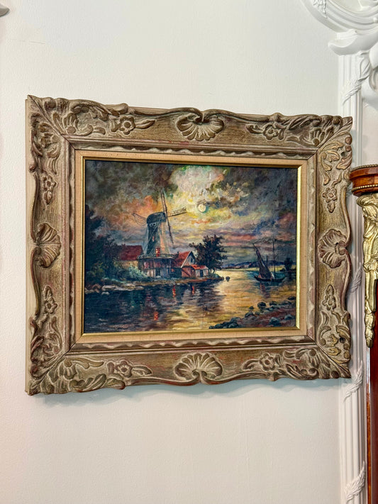 Vintage Dutch Style Windmill Landscape Painting | European Oil on Canvas Scene