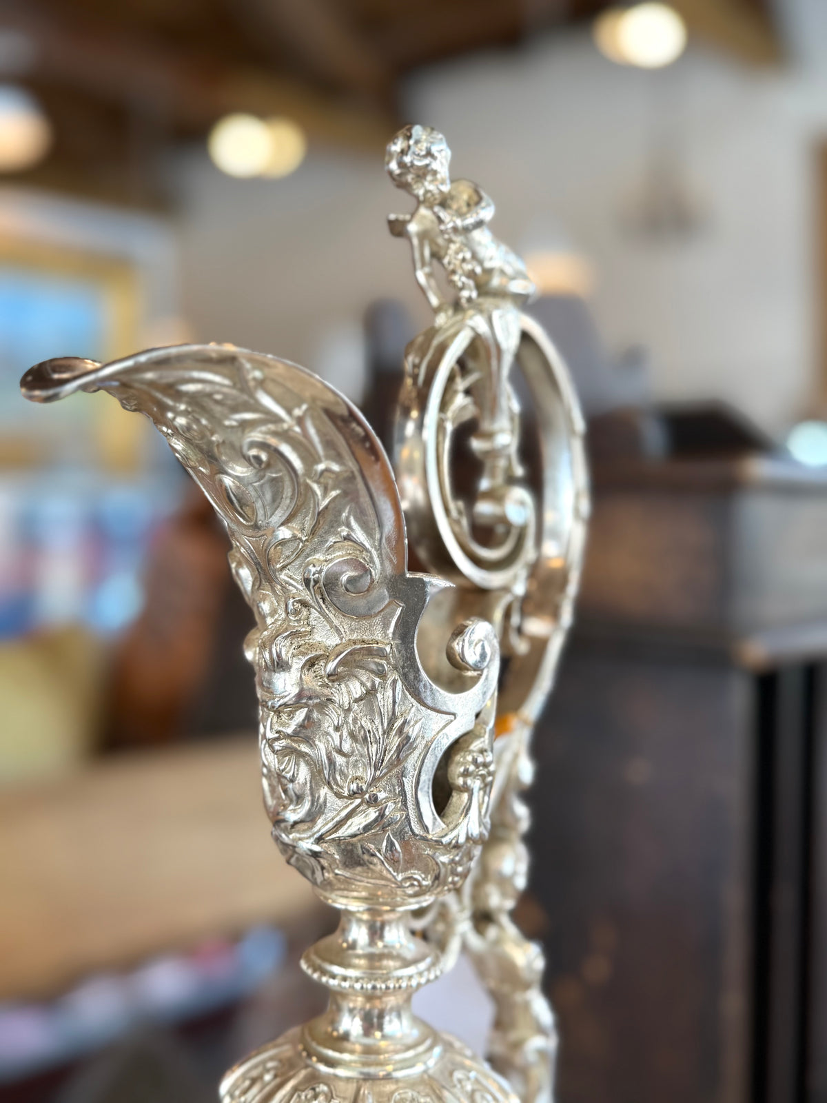 Monumental Silvered Bronze Figural Ewer & Underplate