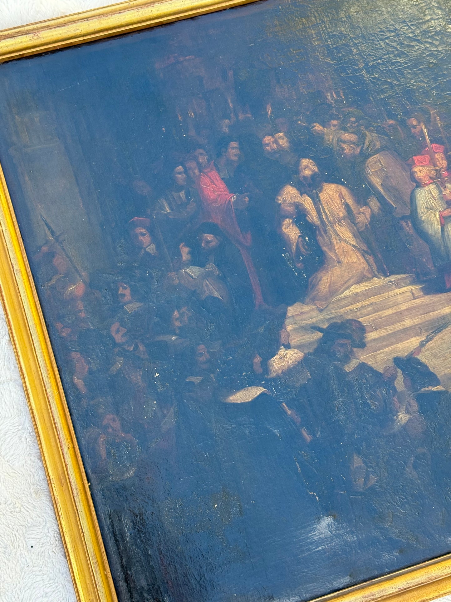 Huge Mid-19th Century Continental Public Penance Tribunal Scene – Dramatic Historic Oil Painting (35x42”)