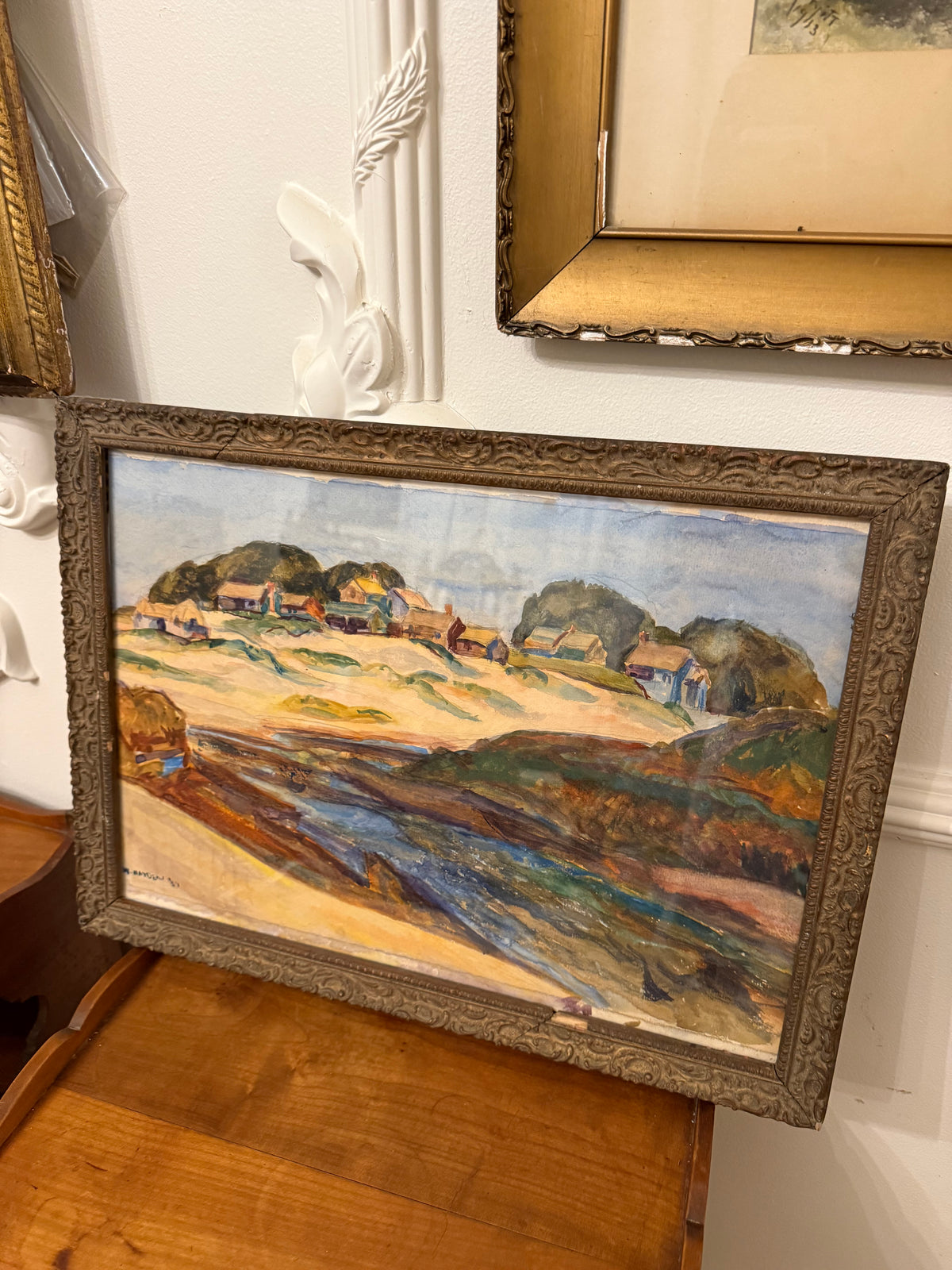 W. Hayden, 1931 Original Coastal Landscape Watercolor in Ornate Antique Frame